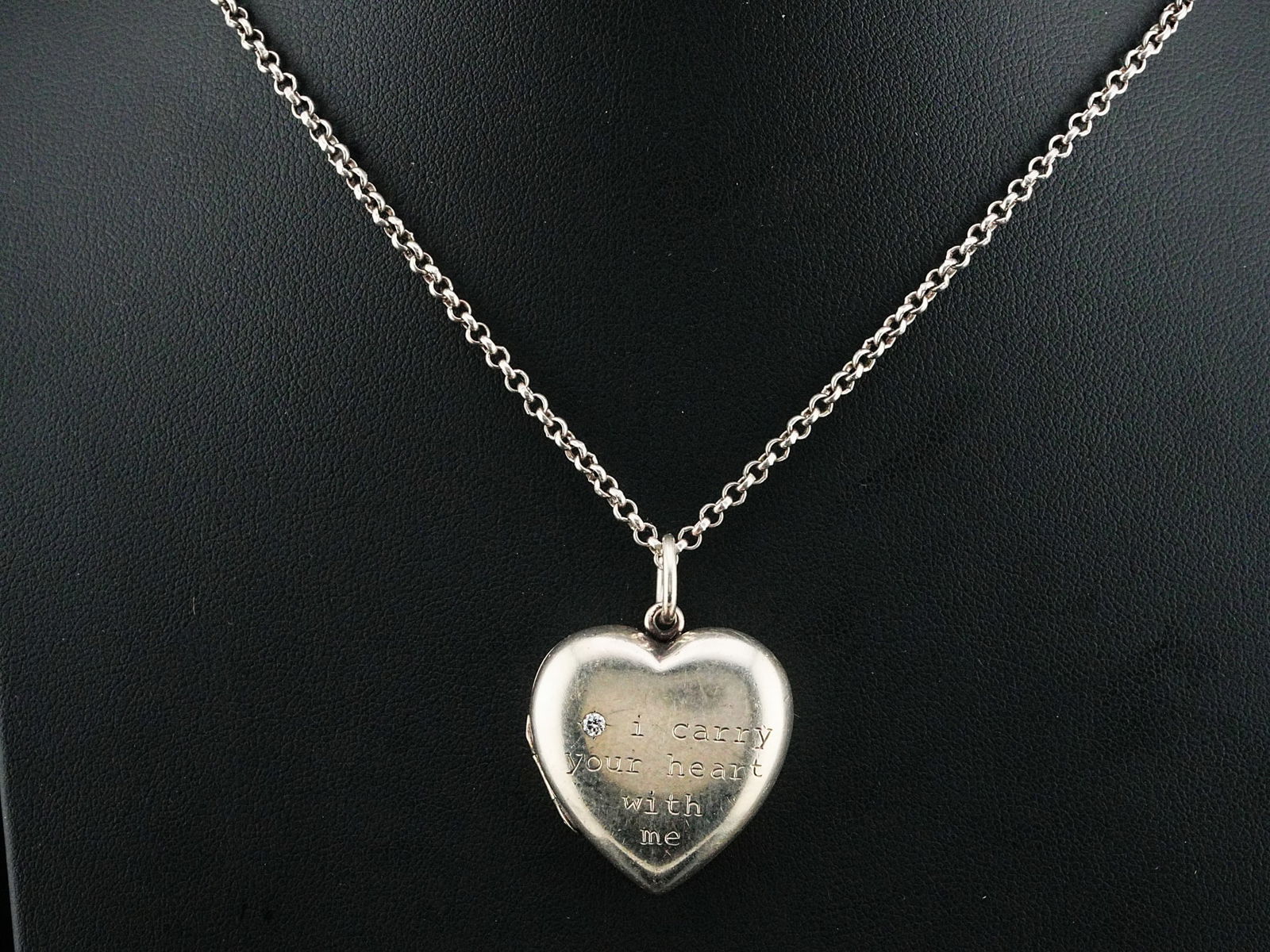 Tiffany & Co. Sterling Silver Heart Locket W/Diamond: Tiffany & Co. Italy Sterling Silver Vintage Heart Locket with Diamond on 23" Italian Sterling Silver Rolo Chain - An elegant heart-shaped locket by Tiffany & Co., finely crafted in sterling silver and