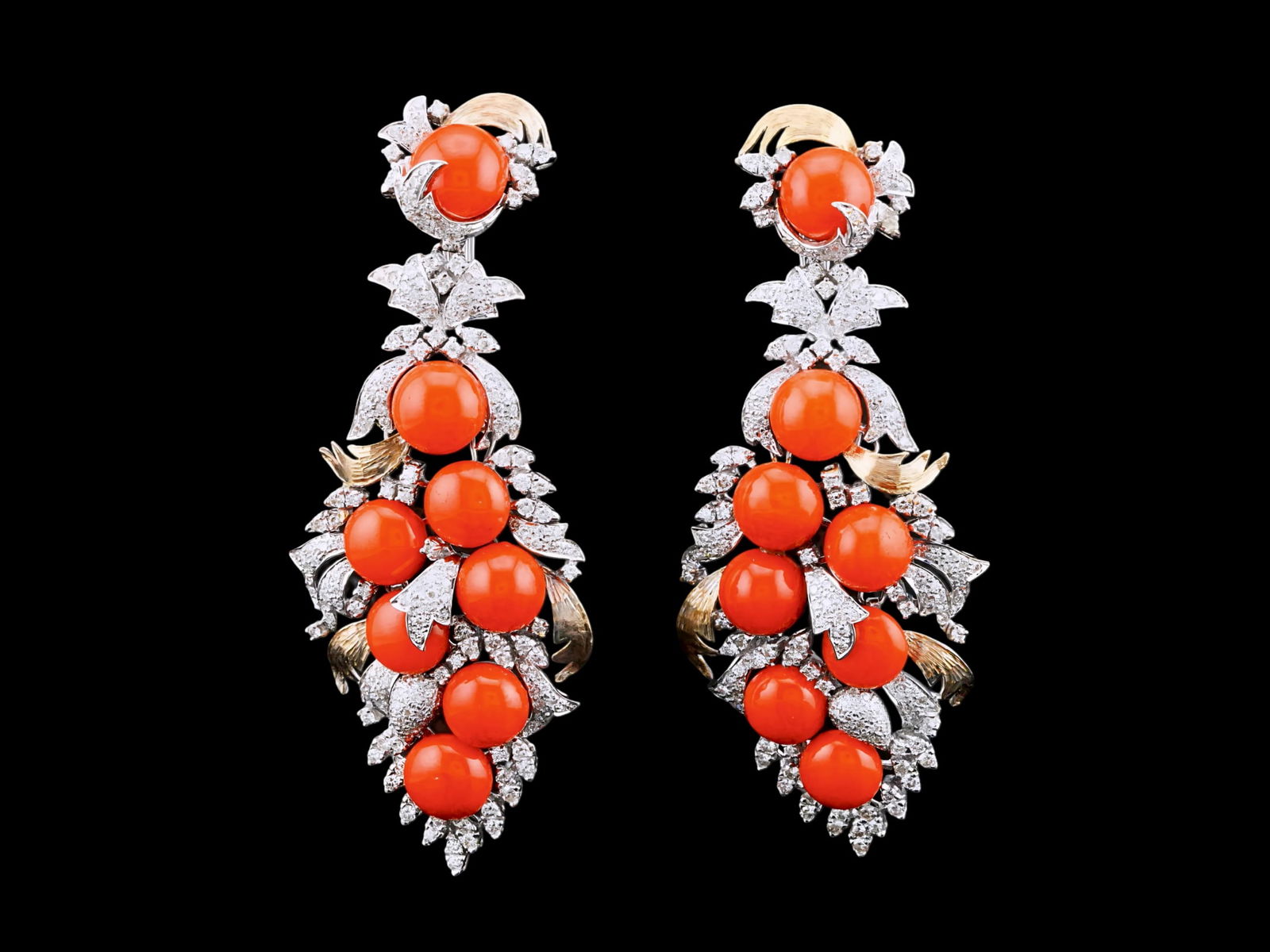 43.00ctw Red Coral, 7.00ctw Diamond and 18K Earrings (1 of 6)