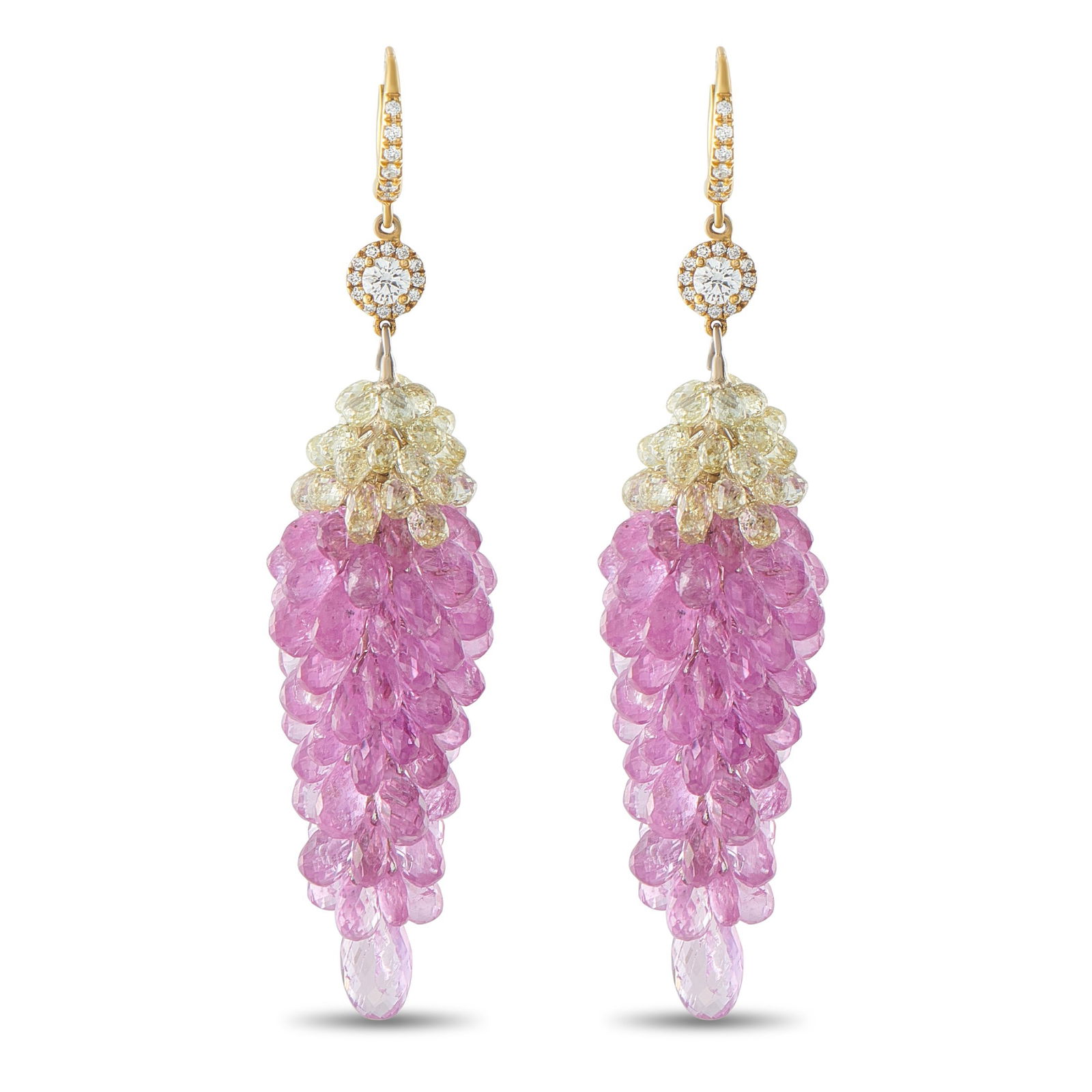 50.00ctw Sapphire, 6.60ctw Diamond and 18K Earrings: 50.00ctw Sapphire, 6.60ctw VS1-SI1/G-H Diamond and 18K Yellow Gold 2.75" Dangle Earrings - THIS ITEM WILL COME WITH A $36,000 INSURANCE VALUATION REPORT IN THE WINNING BIDDER'S NAME. These dramatic