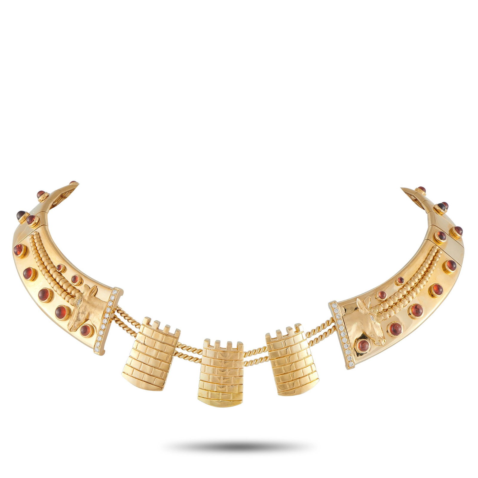 Mouawad 24.33ctw Garnet, 0.64ctw Diamond, 18K Necklace: Mouawad 24.33ctw Garnet, 0.64ctw Diamond and 18K Yellow Gold Necklace W/Box and Papers - This commanding necklace by Mouawad reflects the maison's reputation for narrative driven design and historical