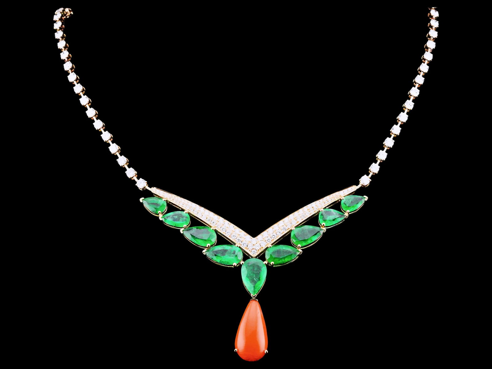 12.60ctw Emerald, 5.00ctw Diamond, Coral, 18K Necklace: 12.60ctw Emerald, 9.50ct Red Coral, 5.00ctw VS1-SI1/G-J Diamond and 18K Yellow Gold 16" Necklace - THIS ITEM WILL COME WITH A $44,000 INSURANCE VALUATION REPORT IN THE WINNING BIDDER'S NAME. This exce