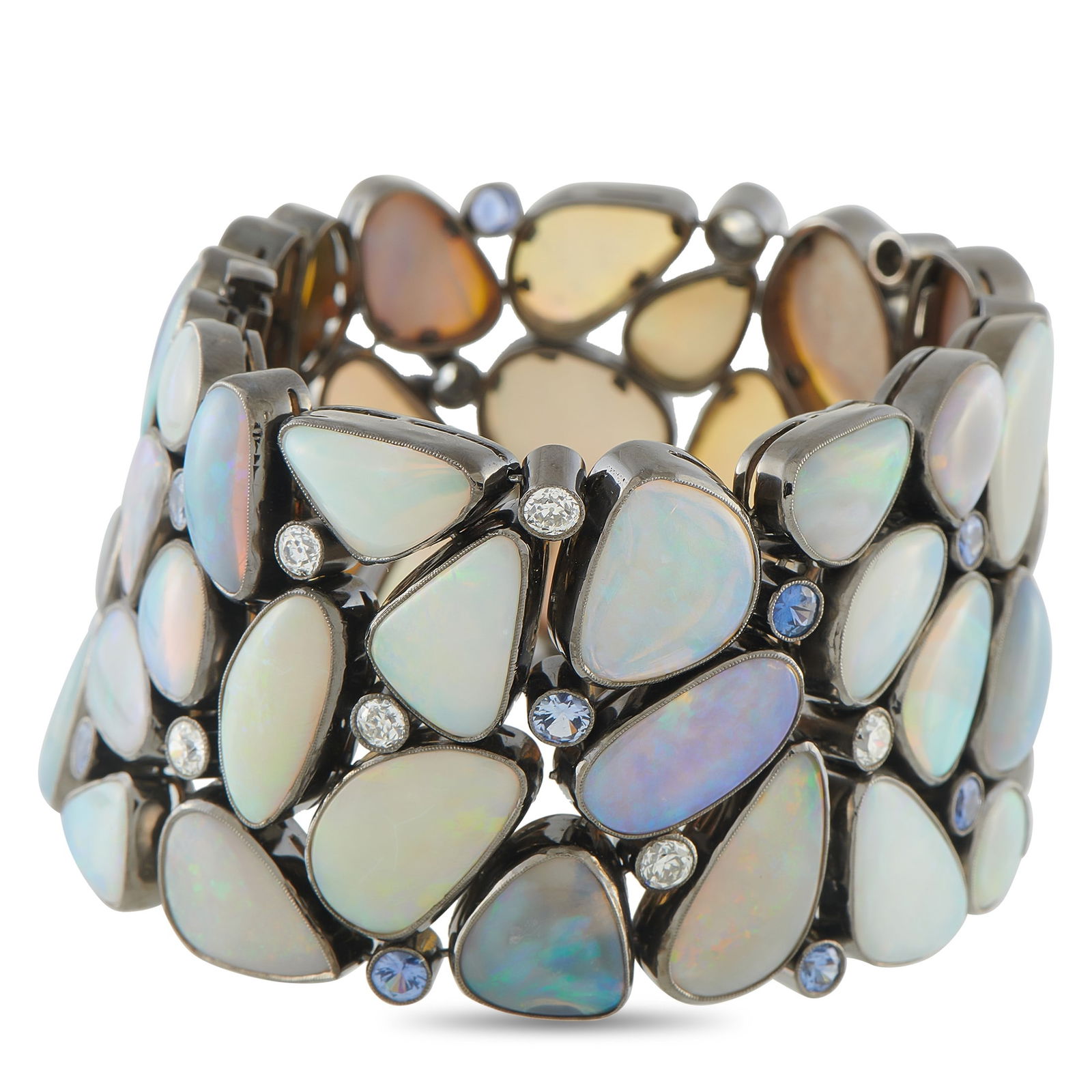 Cicada 116.30ctw Opal, 3.50ctw Sapphire, Diamond Bracelet: Cicada 116.30ctw Opal, 3.50ctw Blue Sapphire, 2.75ctw Diamond and 18K White Gold 7" Bracelet - This extraordinary Cicada bracelet is a vibrant celebration of color and brilliance, crafted in 18K white