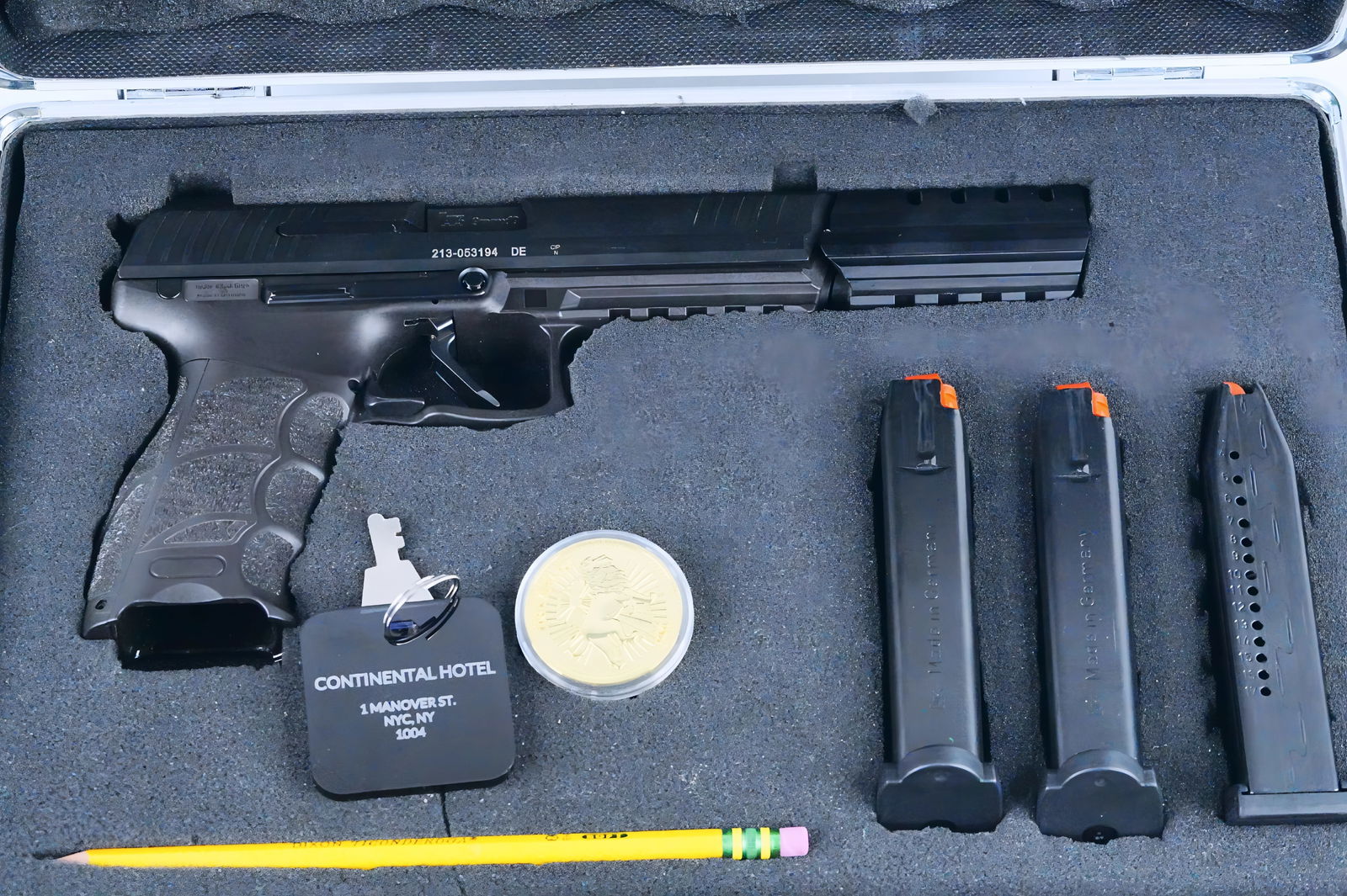 H&K John Wick P30L W/Compensator Collector's Edition: HECKLER & KOCH John Wick P30L V3 DA/SA 9MM Pistol with Gen 2 Compensator Collector's Edition. Step directly into the world of a legendary assassin with the H&K P30L V3 DA/SA 9mm Pistol, John Wick Coll