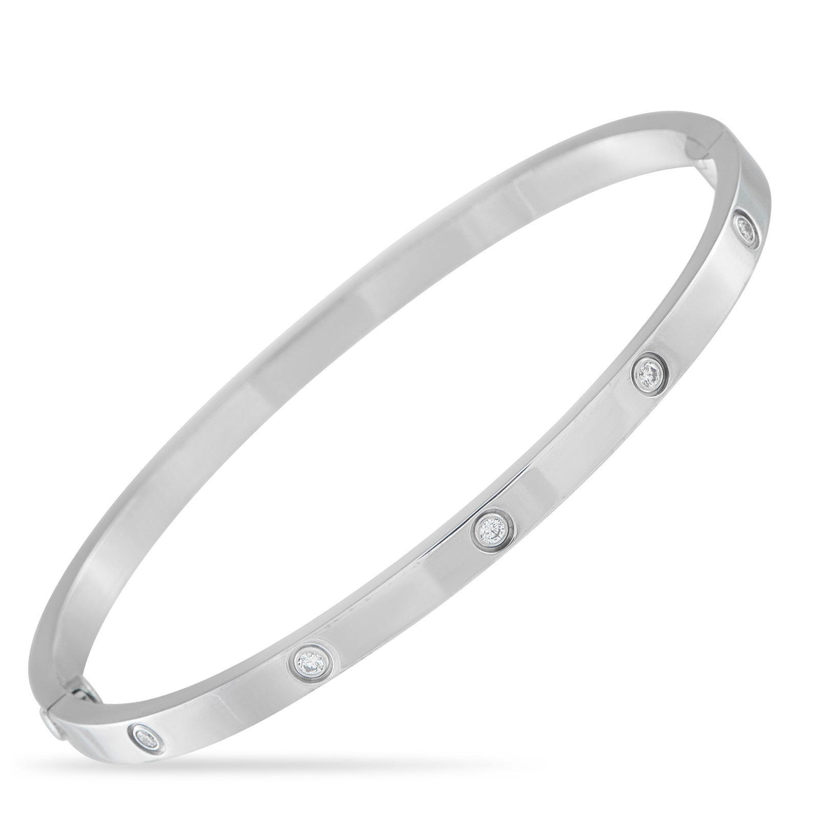 Cartier LOVE 18K White Gold 10-Diamond Bracelet: Cartier LOVE 18K White Gold 10-Diamond Bracelet, Small Model W/Papers - A refined expression of one of the maison's most iconic designs, this Cartier LOVE bracelet pairs minimalist form with radiant b