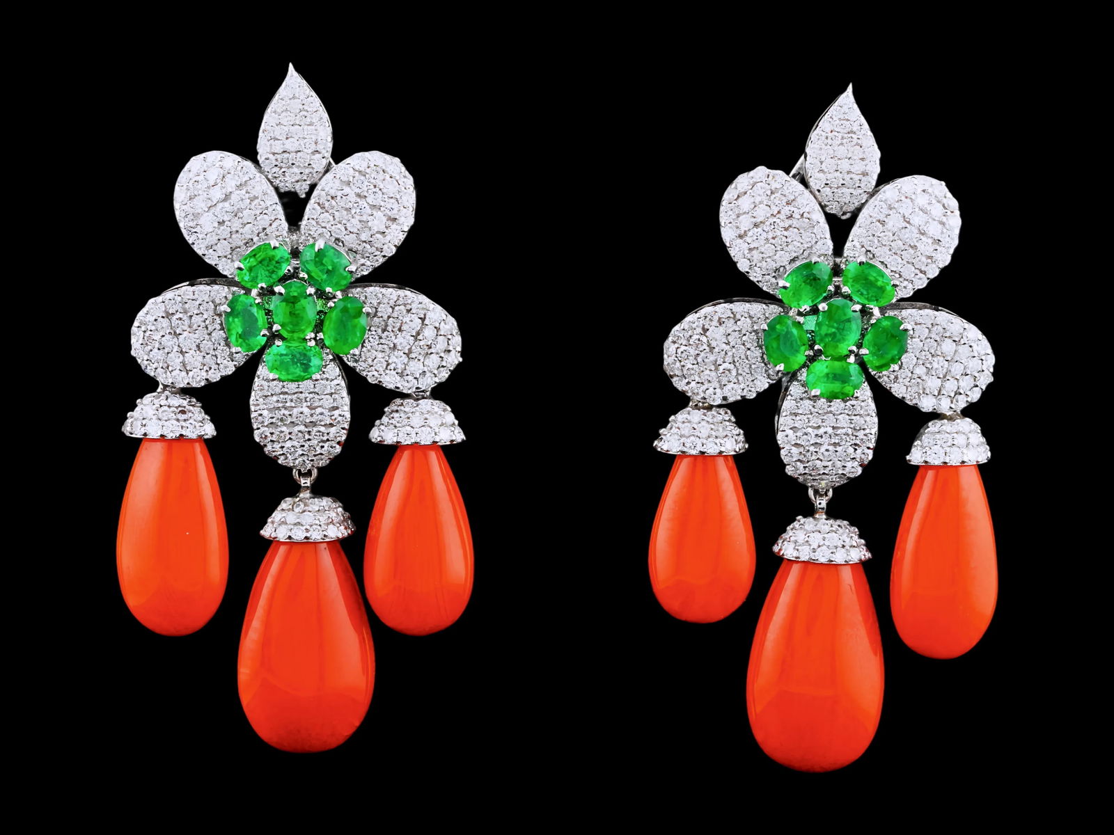 36.50ctw Coral, 3.75ctw Diamond, 2.25ctw Emerald, 18K Earrings (1 of 5)
