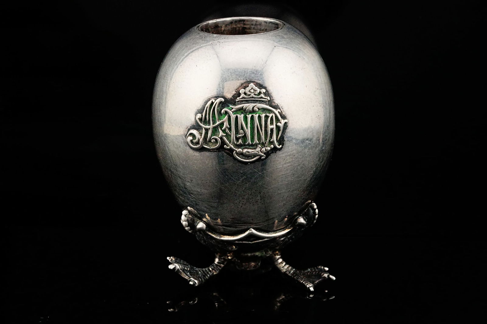 Antique English Sterling Silver Candle Holder: Antique English Sterling Silver Chamberstick/Candle Holder, London 1885 - A fine antique English sterling silver chamberstick featuring a rounded, bulbous body raised on three decorative figural feet.