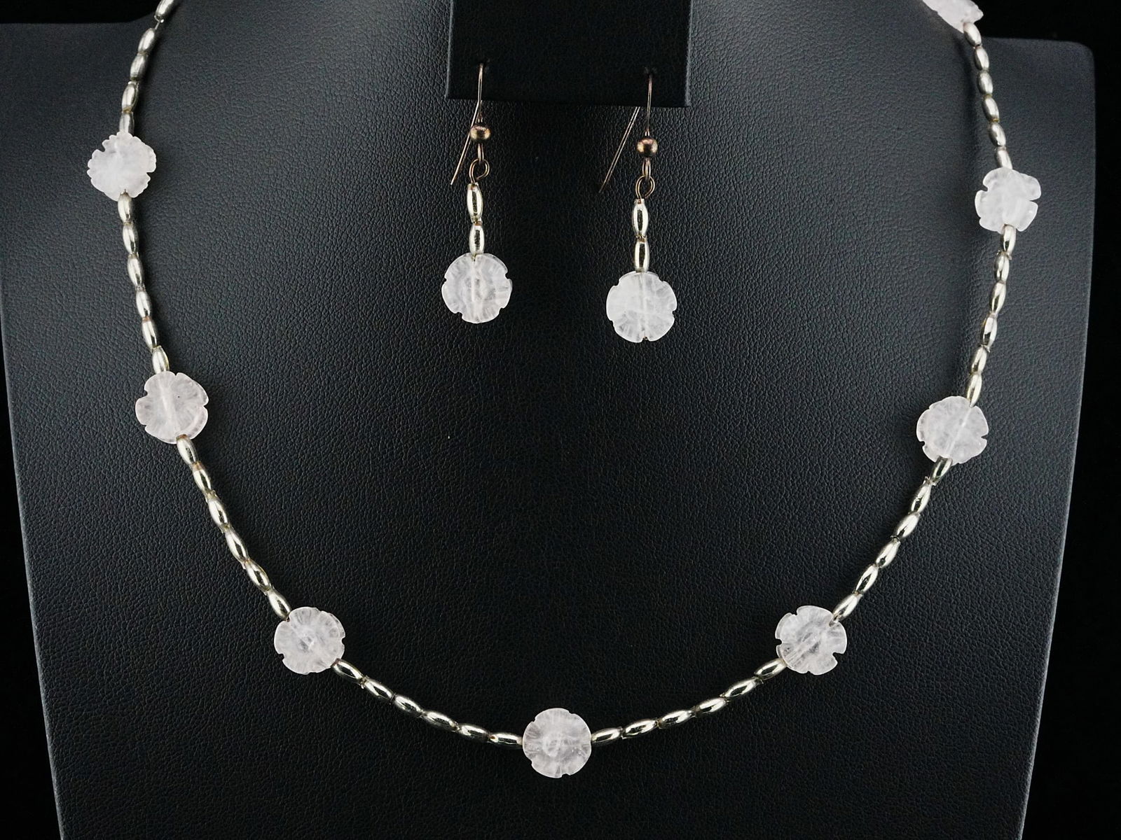Sterling Silver and Quartz Flower Necklace and Earrings: Sterling Silver and Carved Quartz Flower Necklace and Earring Set - Beautiful necklace featuring a delicate sterling silver beaded chain accented with hand-carved quartz flower beads spaced evenly