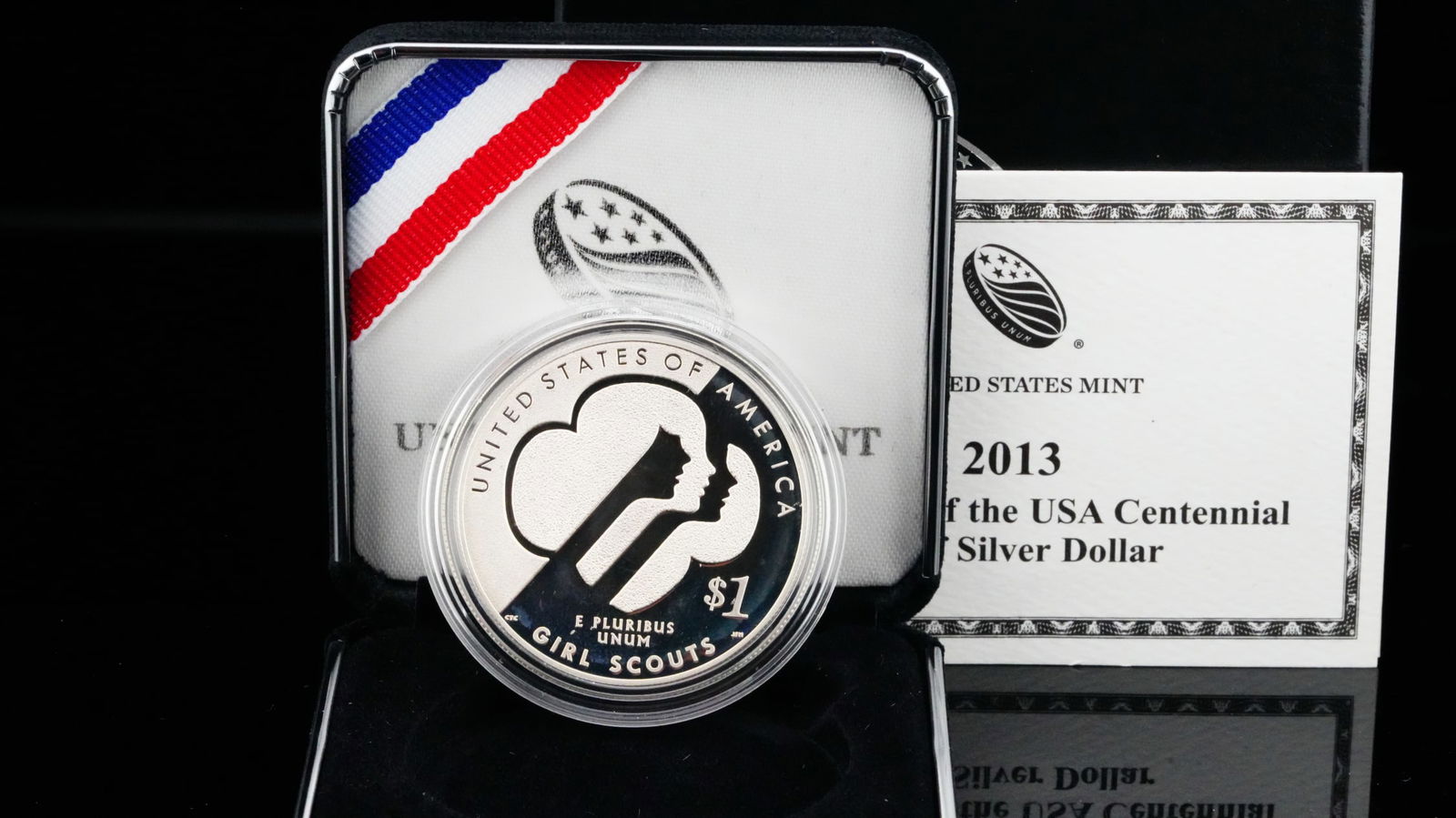 2013-W U.S. 90% Silver Girl Scouts Commemorative Proof: 2013-W U.S. 90% Silver Girl Scouts of the USA Centennial Commemorative Proof Silver Dollar W/Original Box and COA - This 2013-W United States Girl Scouts of the USA Centennial Commemorative Proof Silv