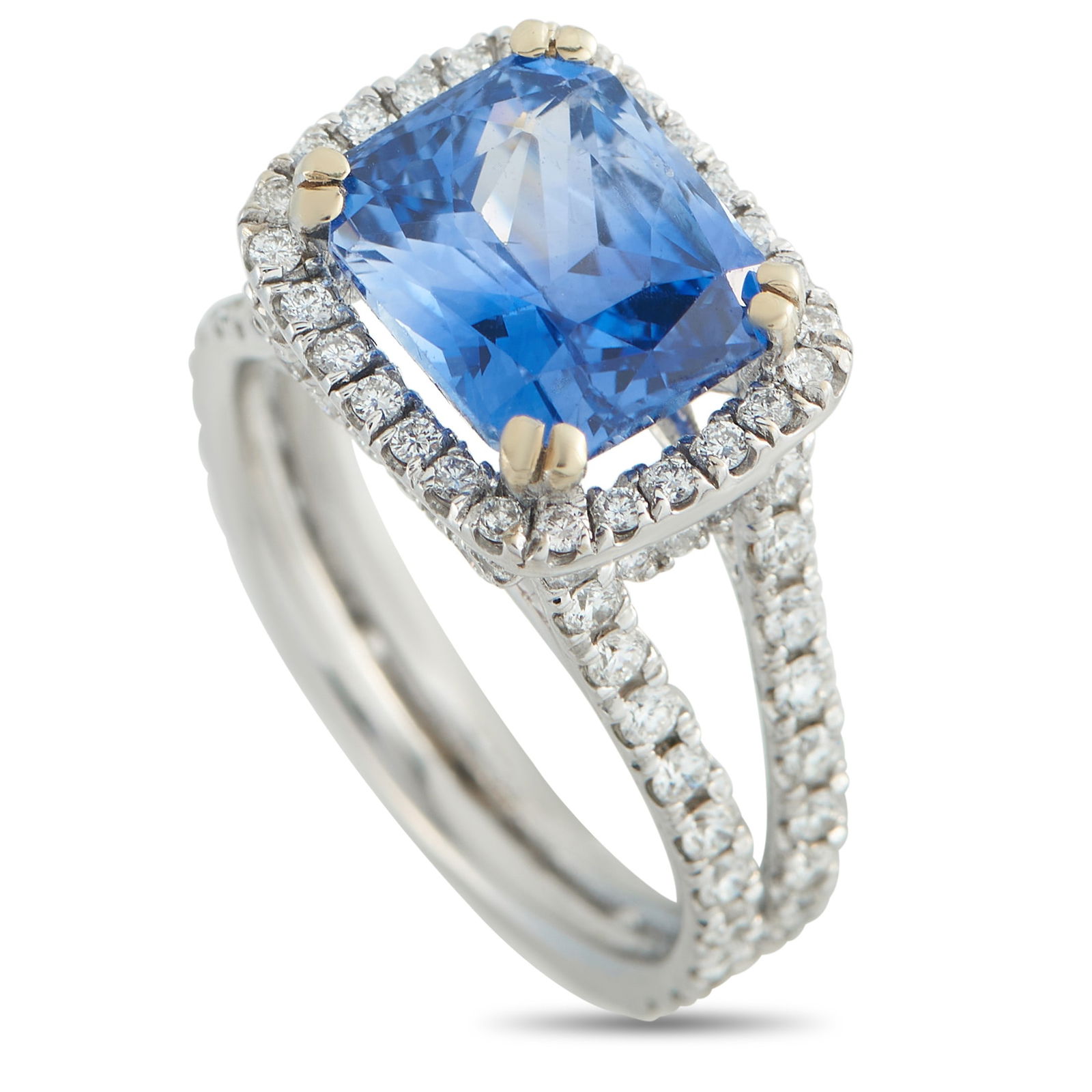 5.10ct Blue Sapphire, 1.10ctw Diamond and 18K Ring: 5.10ct Blue Sapphire, 1.10ctw VS1-SI1/G-H Diamond and 18K White Gold Ring - THIS ITEM WILL COME WITH A $16,500 INSURANCE VALUATION REPORT IN THE WINNING BIDDER'S NAME. Designed to captivate with both