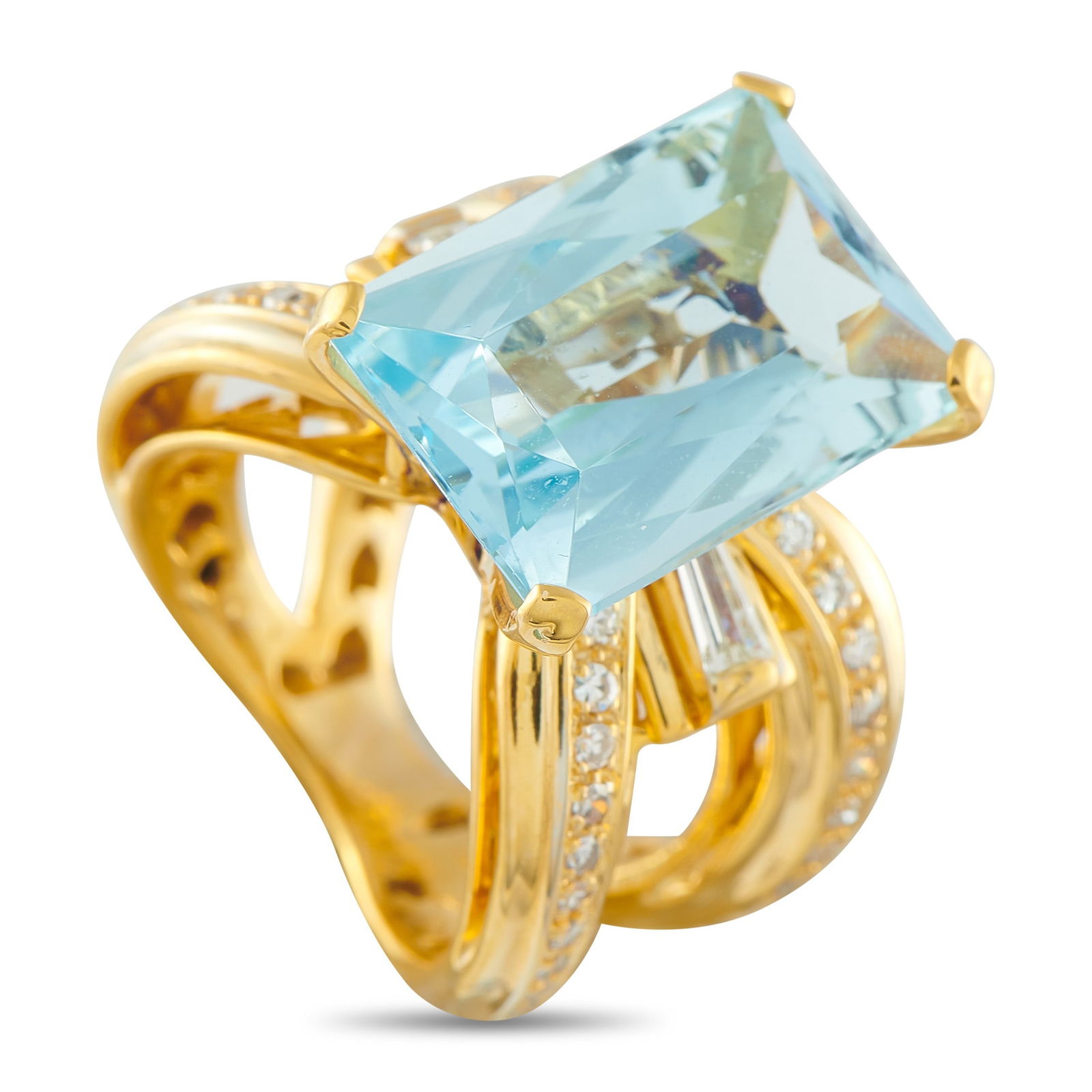 15.00ct Aquamarine, 1.10ctw Diamond and 18K Ring: 15.00ct Aquamarine, 1.10ctw VS1-SI1/G-H Diamond and 18K Yellow Gold Ring - THIS ITEM WILL COME WITH A $14,000 INSURANCE VALUATION REPORT IN THE WINNING BIDDER'S NAME. Architectural and unapologeticall