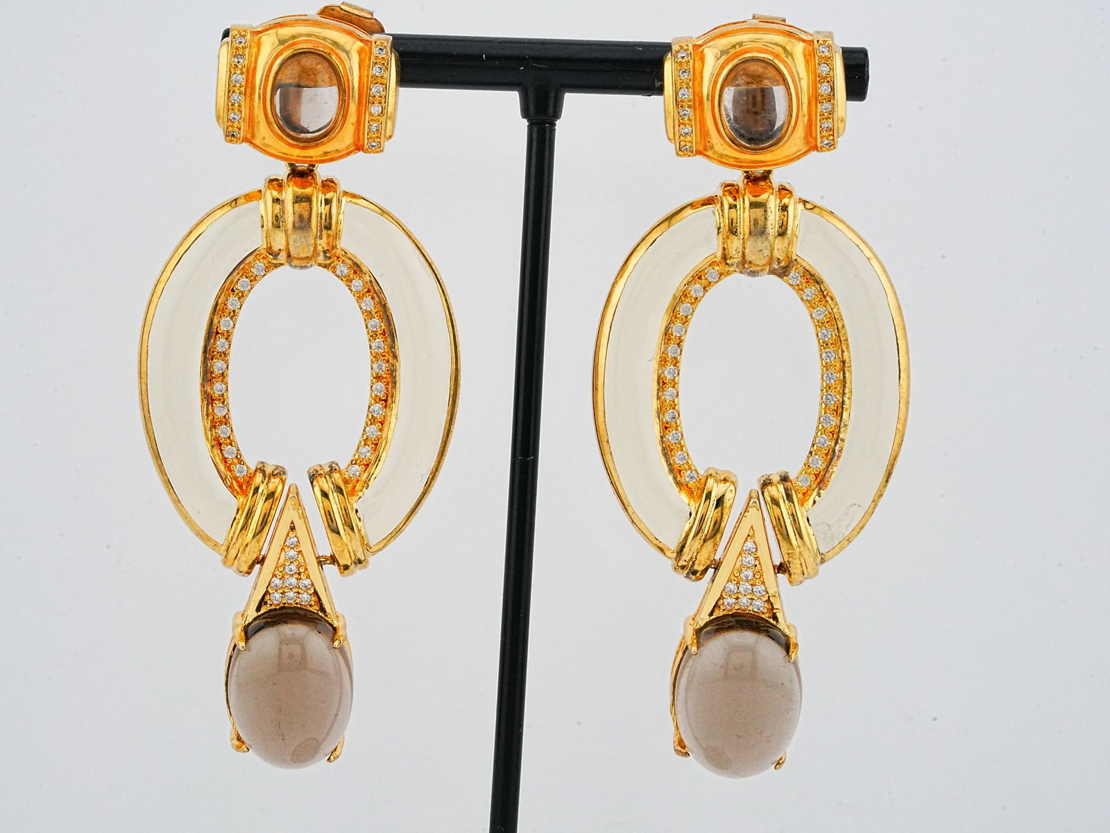 Cristina Sabatini Quartz, Crystal, Gold Plated Earrings: Cristina Sabatini Smoky Quartz, Crystal, and 18K Gold Plated Metal 2.75" Earrings - Beautiful earrings featuring an elegant elongated design set with smoky quartz cabochons and sparkling crystal accen
