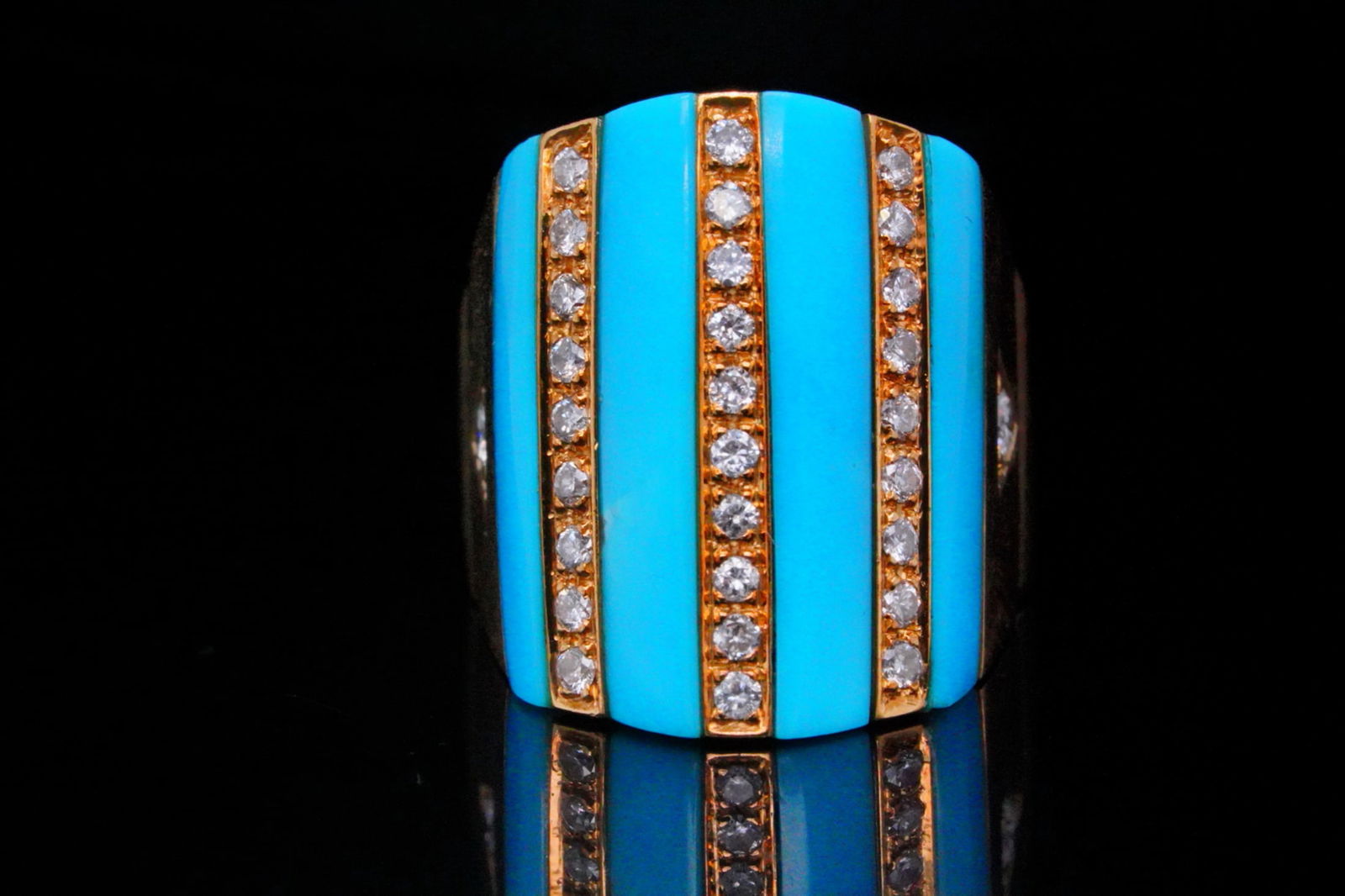 Bernard Hurtig 0.70ctw Diamond, Turquoise and 18K Ring: Bernard Hurtig 0.70ctw Diamond, Turquoise and 18K Yellow Gold Ring - A striking designer creation by Bernard Hurtig, this wide statement ring features bold turquoise inlay arranged in sleek vertical