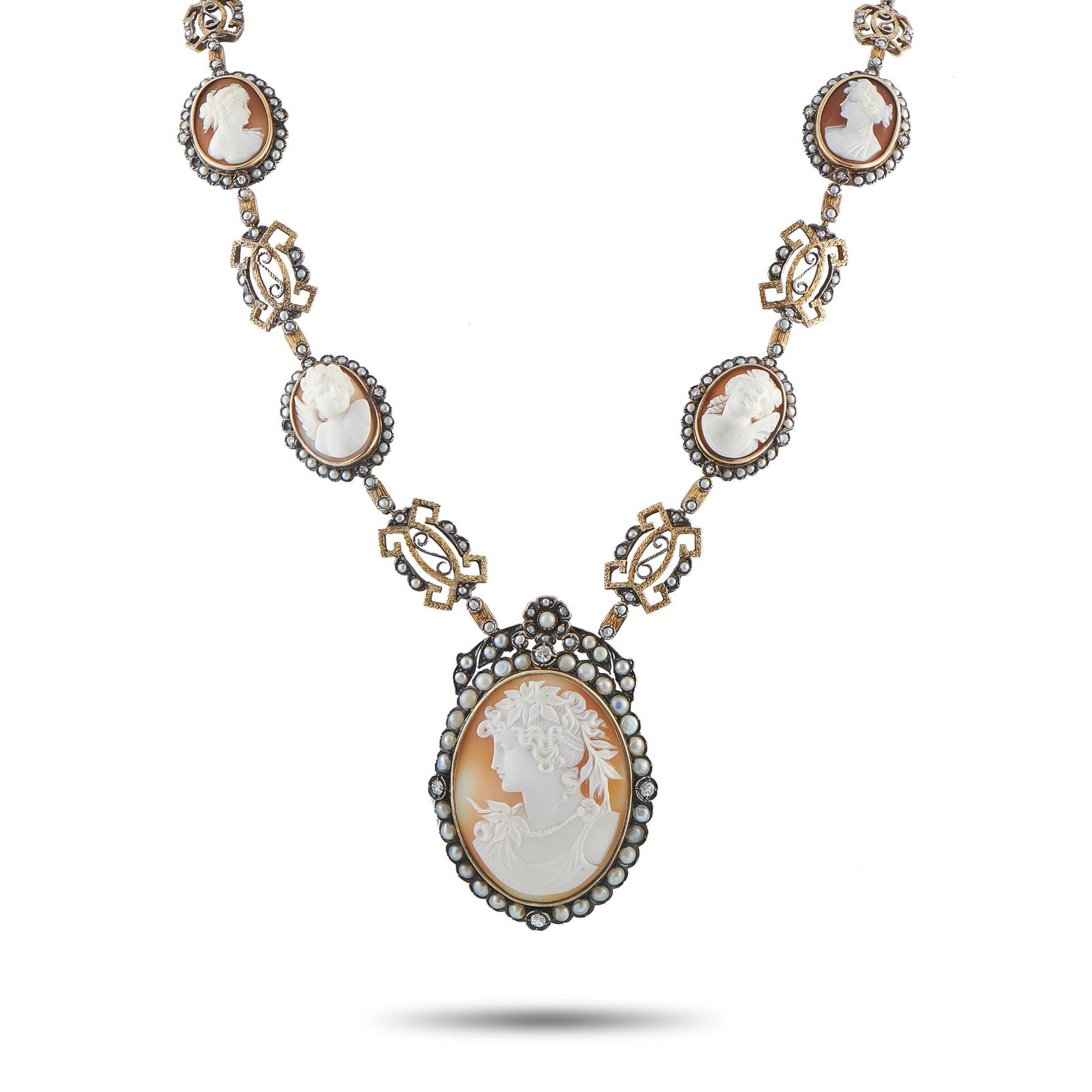 2.00ctw Diamond, Cameo, Pearl and 14K/Silver Necklace: 2.00ctw Diamond, Carved Shell Cameo, Seed Pearl and 14K Yellow Gold/Silver Antique 26" Necklace - THIS ITEM WILL COME WITH A $31,000 INSURANCE VALUATION REPORT IN THE WINNING BIDDER'S NAME. Rich in pe