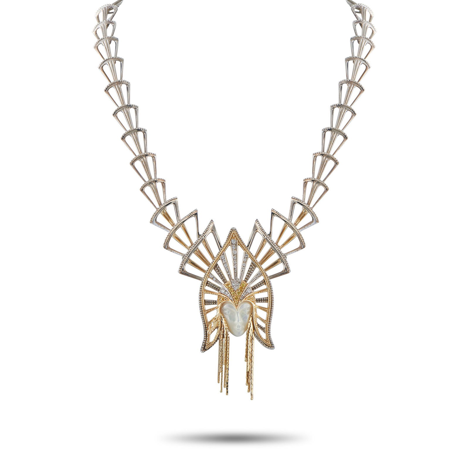 Erte 14K Yellow Gold, Silver, Mother of Pearl Necklace: Erte 14K Yellow Gold, Silver and Mother of Pearl Necklace - A striking regal female figure commands attention at the center of this dramatic Erte necklace, embodying the artist's signature Art Deco in
