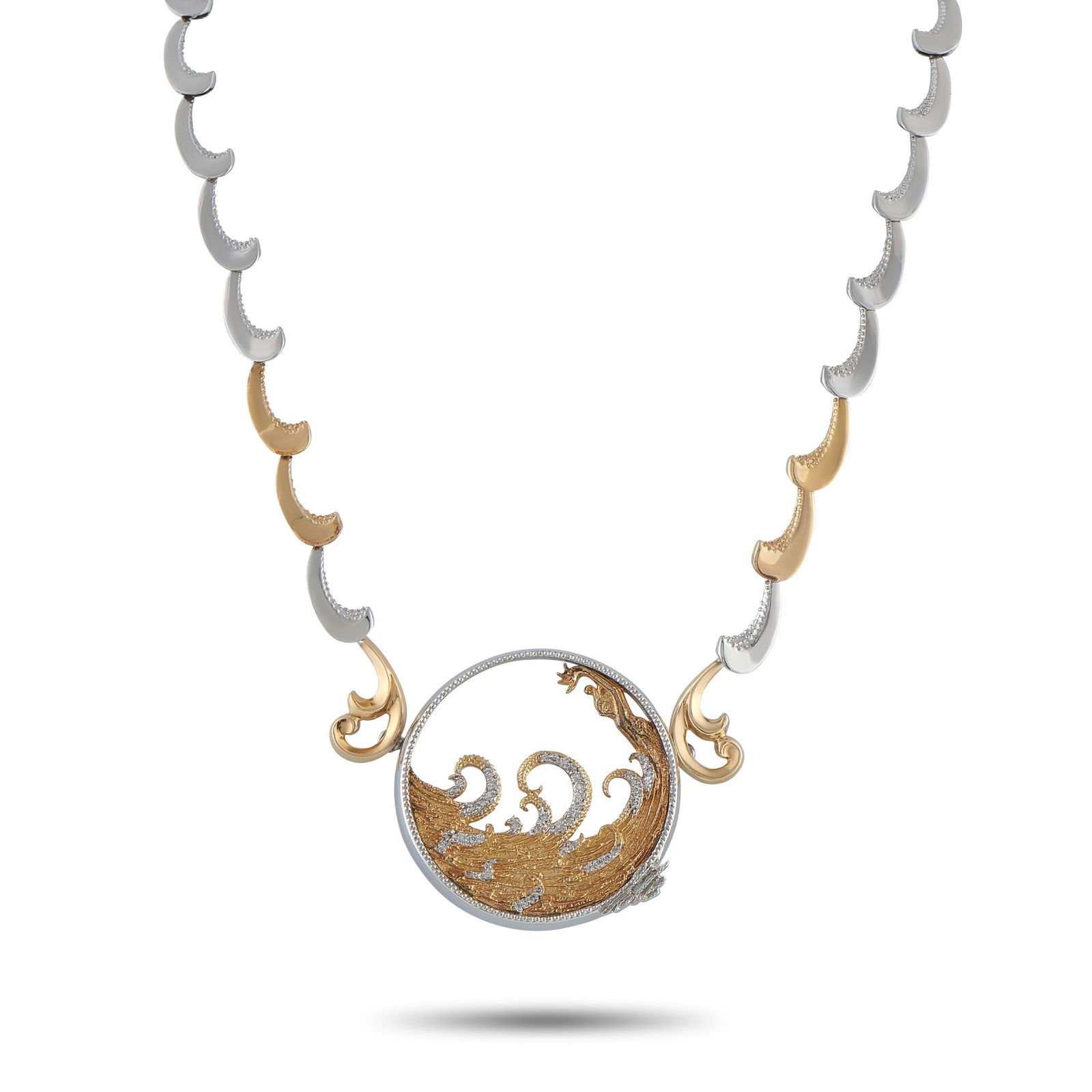 Erte 14K, Silver, Diamond, Mother of Pearl Necklace: Erte 14K Yellow Gold, Silver, Diamond and Mother of Pearl Necklace - This breathtaking Erte necklace captures the artist's signature sense of elegance and movement through a richly detailed circular p