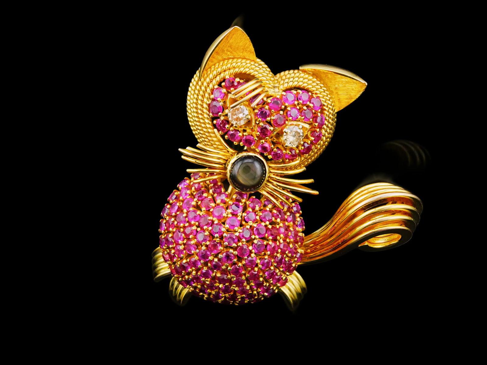 1970s 3.75ctw Ruby, 0.24ctw Diamond and 14K Cat Brooch (1 of 6)