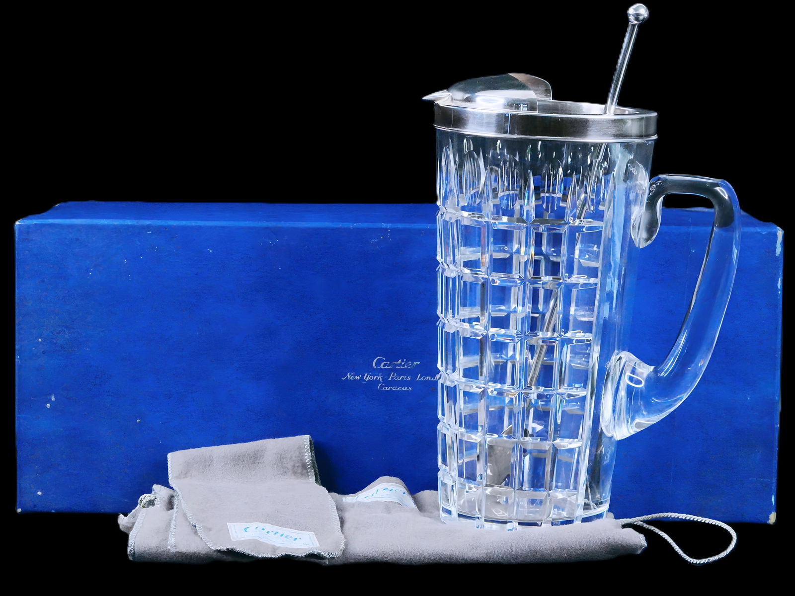 Cartier Hawkes Cut Glass and Sterling Pitcher W/Stirrer: Cartier 1950s Hawkes Cut Glass and Sterling Silver Pitcher and Stirrer W/Original Box and Dust Bags - An exceptional mid-century barware set produced by Cartier in collaboration with Hawkes, dating to