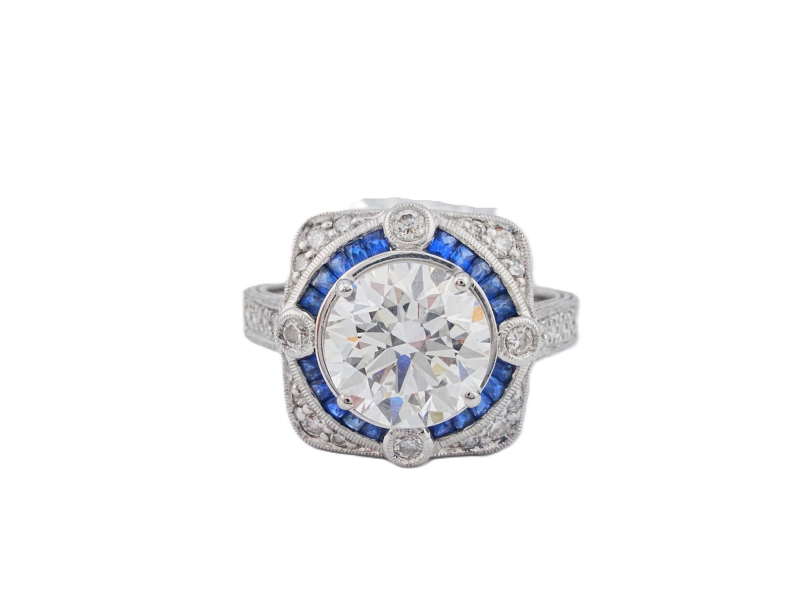 3.16ct VS1/E Lab Grown Diamond, Diamond, Sapphire, 18K Ring: 3.16ct VS1/E Lab Grown Diamond, 0.45ctw Diamond, 0.95ctw Blue Sapphire and 18K White Gold Ring - This item will come with a $9500 insurance valuation report in the winning bidder's name by a graduate