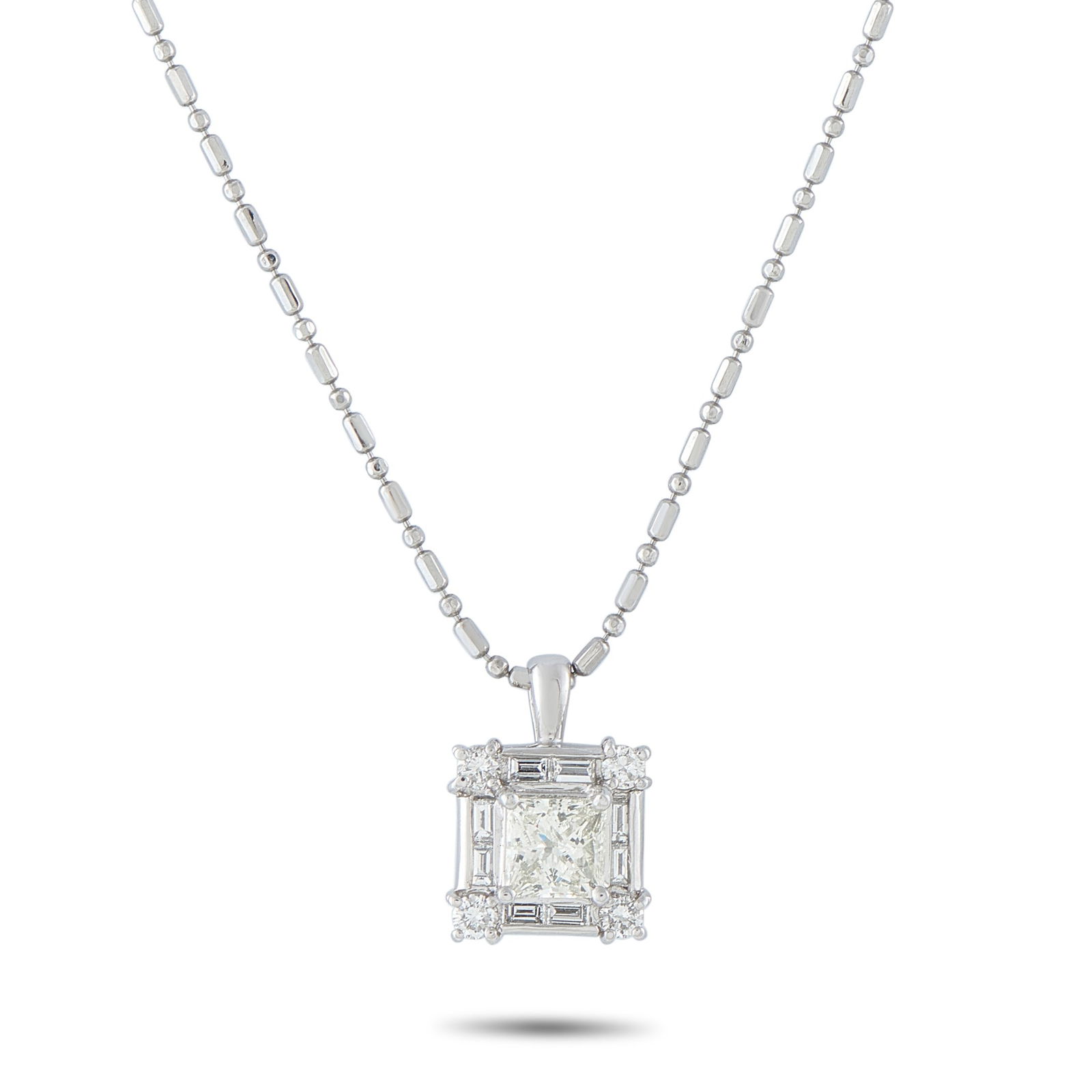 1.10ctw Diamond and Platinum 17.5" Necklace: 1.10ctw VS1-SI1/G-H Diamond and Platinum 17.5" Square Pendant Necklace - This elegant necklace showcases a refined square pendant set with a mix of step cut and round brilliant diamonds, creating a st