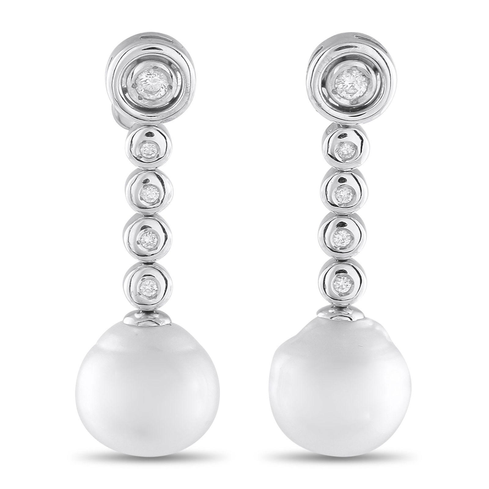 15mm Pearl, 0.45ctw Diamond and 18K Drop Earrings: 15mm Pearl, 0.45ctw Diamond and 18K White Gold Drop Earrings - These elegant drop earrings offer a refined interpretation of classic style, crafted in 18K white gold and set with approximately 0.45 ca