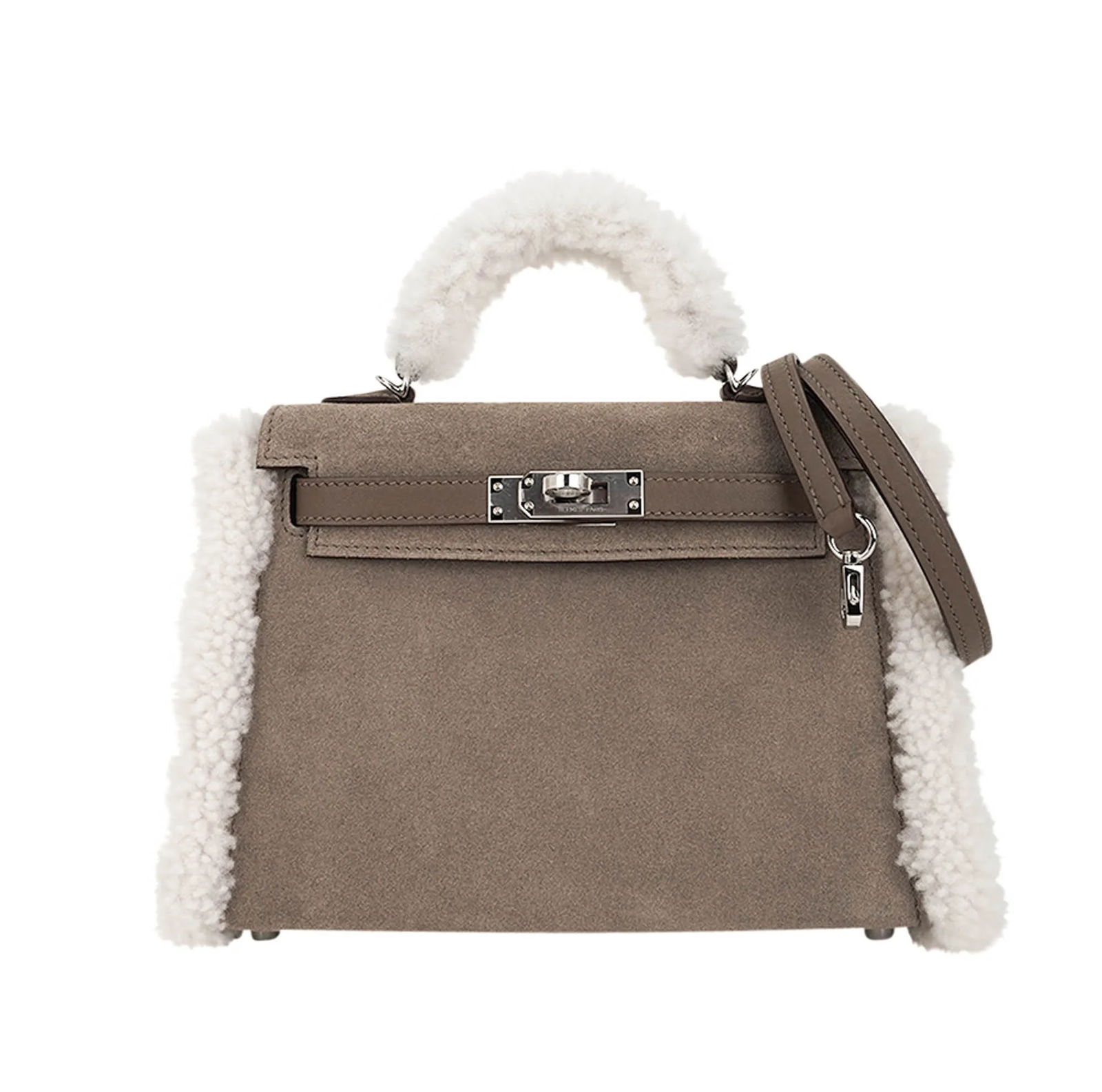 Hermes Limited Edition Kelly Teddy 20: Hermes Limited Edition Gris Caillou Grizzly, Etoupe Swift and Mouton Merinos Shearling Kelly Teddy 20 - The Hermes Kelly Teddy 20 ranks among the most elusive and collectible mini Kelly bags ever prod