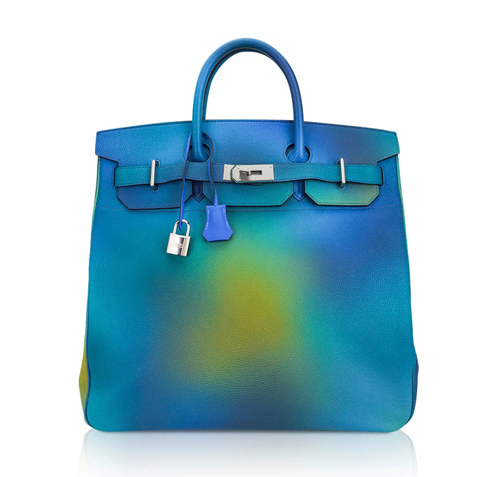 Hermes Limited Edition Ombre Hac 40 Cosmos Bag: Hermes Limited Edition Blue Nuit, Jaune de Naples, and Aqua Togo Leather Hac 40 Cosmos Bag W/Palladium Hardware - A rare and visually striking limited edition Hermes HAC 40 Cosmos featuring a hand-spr