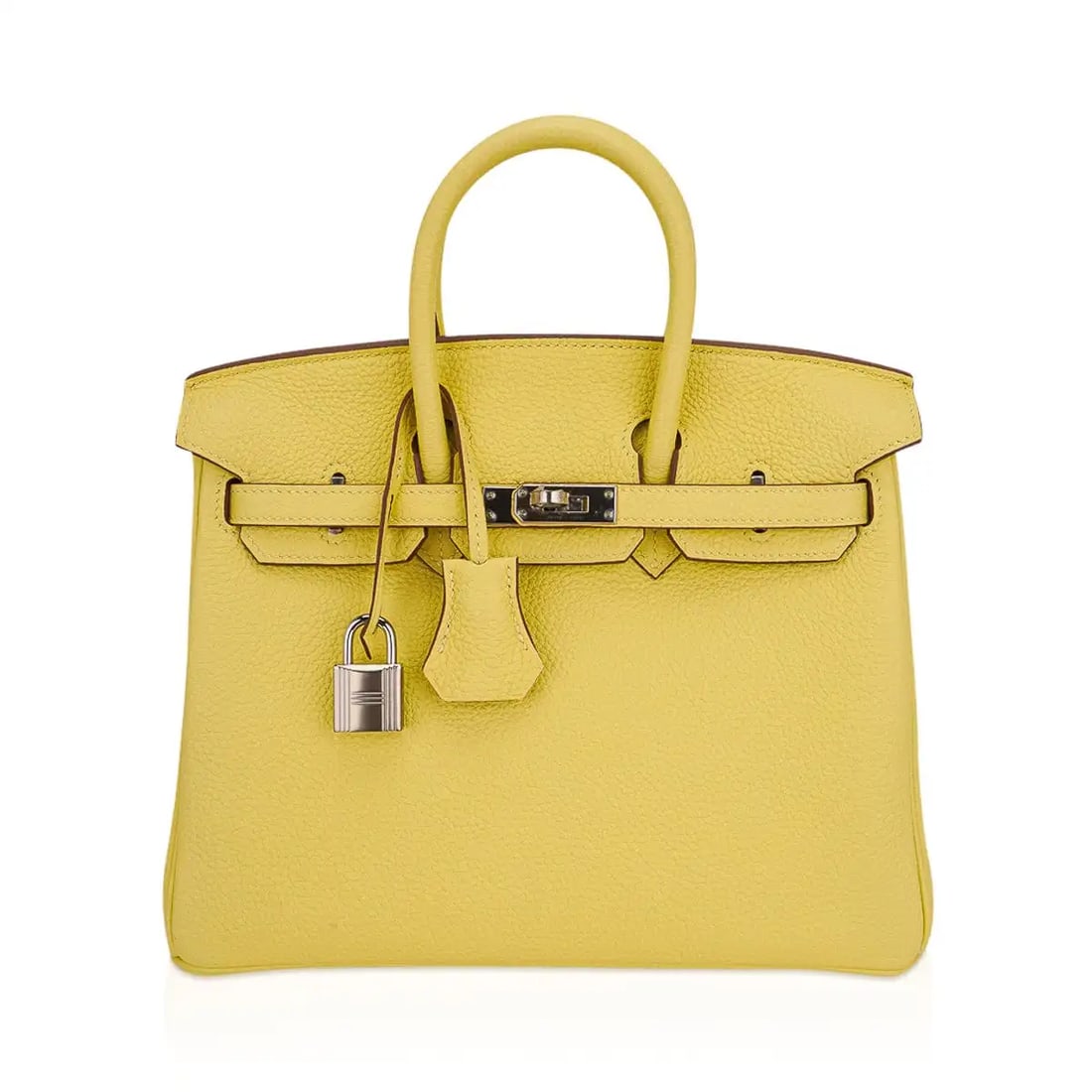 Hermes Jaune Poussin Togo Leather Birkin 25 PHW: Hermes Jaune Poussin Togo Leather Birkin 25 W/Palladium Hardware (Includes Box, Sleeper, Rain Protector) - The Hermes Birkin 25 is presented in the delicate and elegant shade of Jaune Poussin, a soft