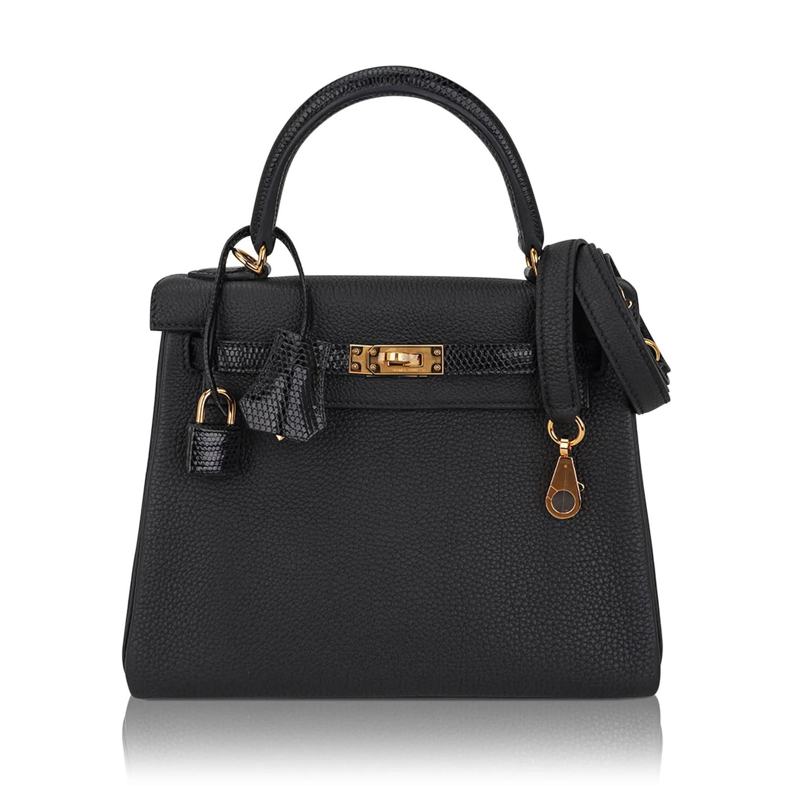 Hermes Black Togo Leather and Lizard Kelly Touch 25: Hermes Limited Edition Black Togo Leather and Lizard Kelly Touch 25 W/Gold Hardware (Includes Box and Sleeper) - The Hermes Kelly 25 Touch is a refined study in texture, contrast, and timeless design.