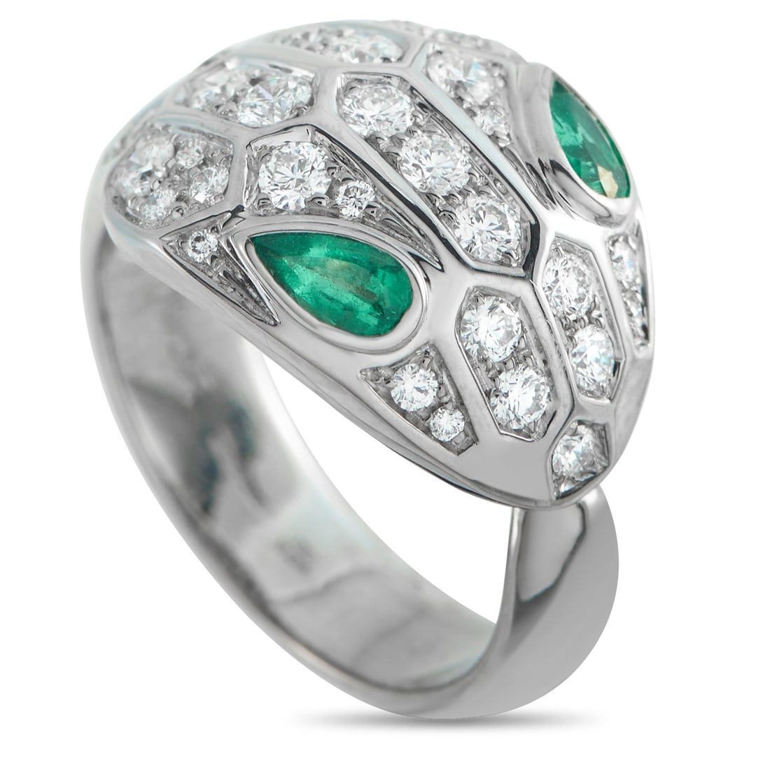 Bvlgari 0.75ctw Diamond, 0.30ctw Emerald and 18K Ring: Bvlgari Serpenti Seduttori 0.75ctw VVS2-VS1/E-F Diamond, 0.30ctw Emerald and 18K White Gold Ring - From the iconic Serpenti Seduttori collection, this ring interprets the legendary serpent motif with