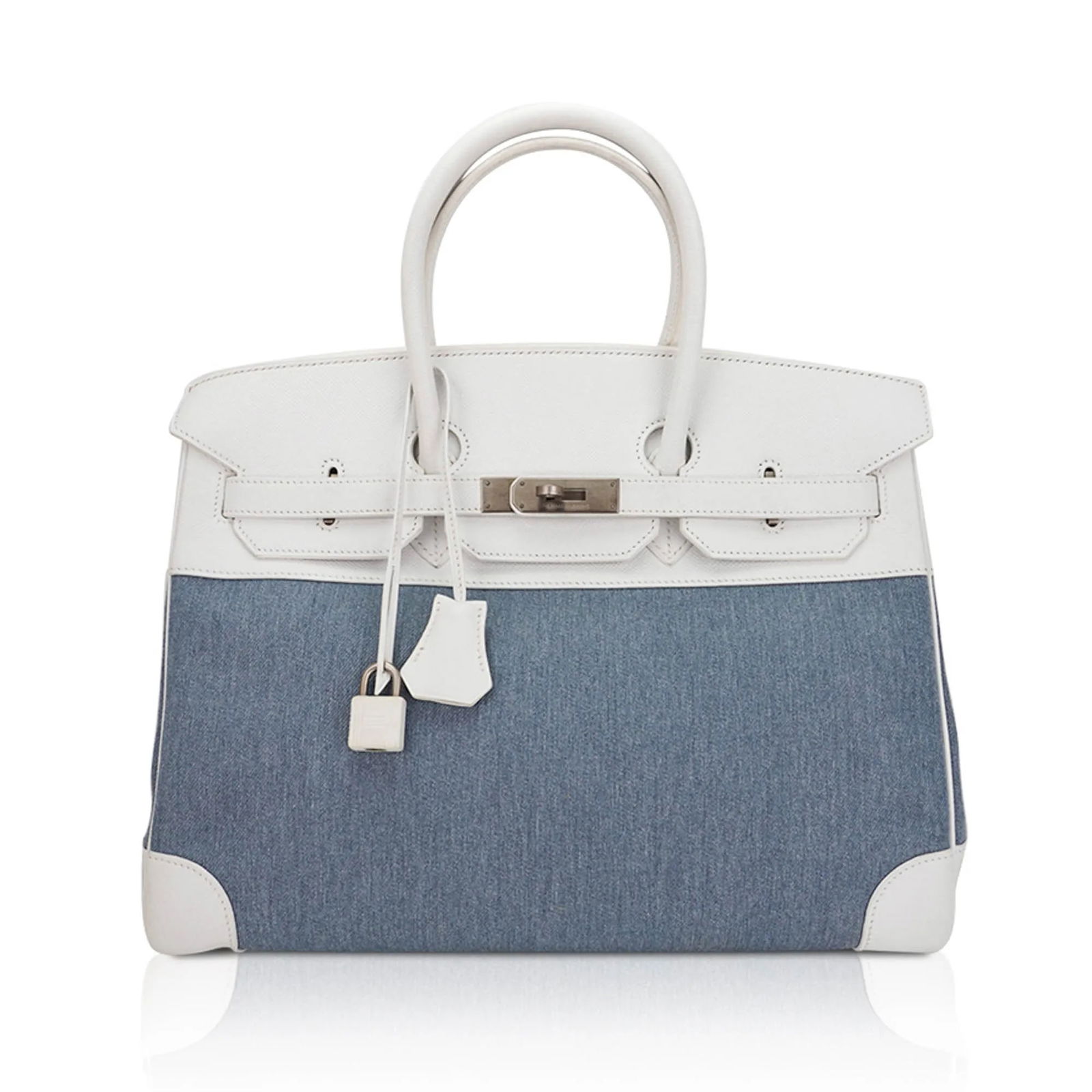 Hermes Blue Denim Toile/White Epsom Leather Birkin 35: Hermes Limited Edition Blue Denim Toile and White Epsom Leather Vintage Birkin 35 W/Brushed Palladium Hardware (Includes Box and Sleeper) - This Vintage Hermes Birkin 35 Bleu Denim Toile is a rare and