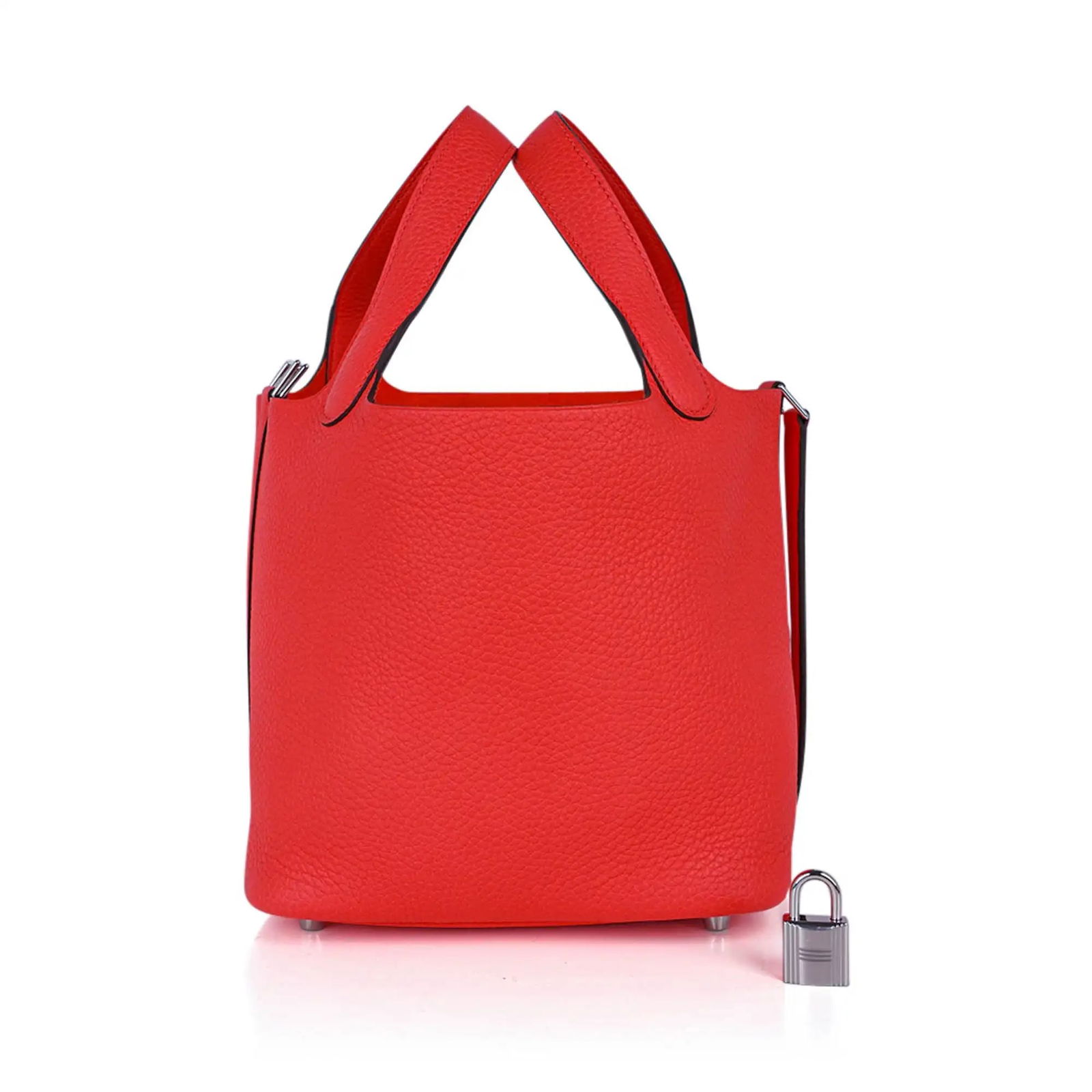 Hermes Rose Mexico Clemence Leather Picotin Lock 18: Hermes Rose Mexico Clemence Leather Picotin Lock 18 W/Palladium Hardware (Includes Box and Sleeper) - The Hermes Picotin Lock 18 in vibrant Rose Mexico introduces a joyful yet refined pop of color to