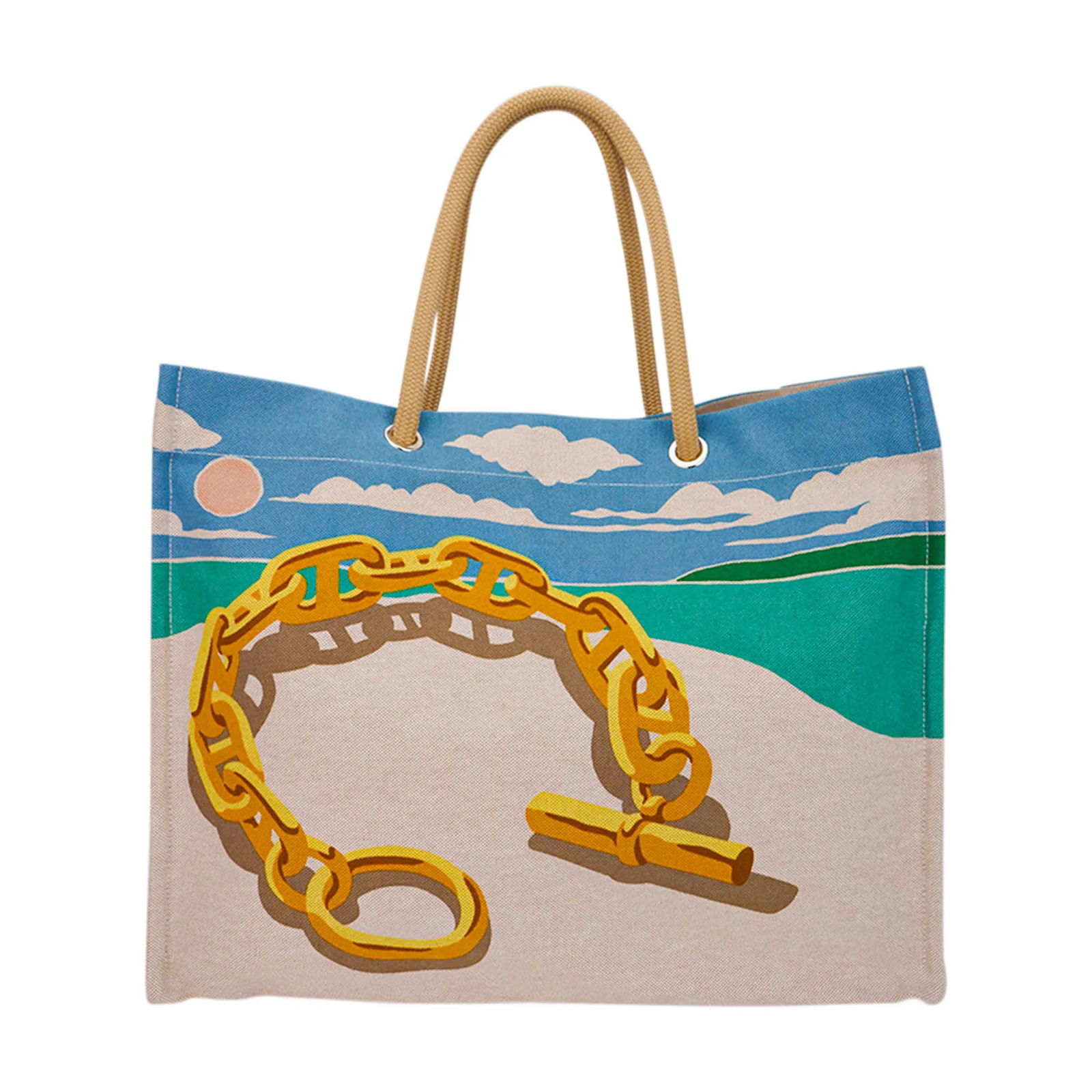 Hermes Or H Canvas Escale A La Plage Beach Tote: Hermes Or H Canvas Escale A La Plage Beach Tote - Embrace effortless elegance with the Hermes Escale a la Plage Beach Tote in durable H Canvas, presented in a radiant Or colorway. Each side features a