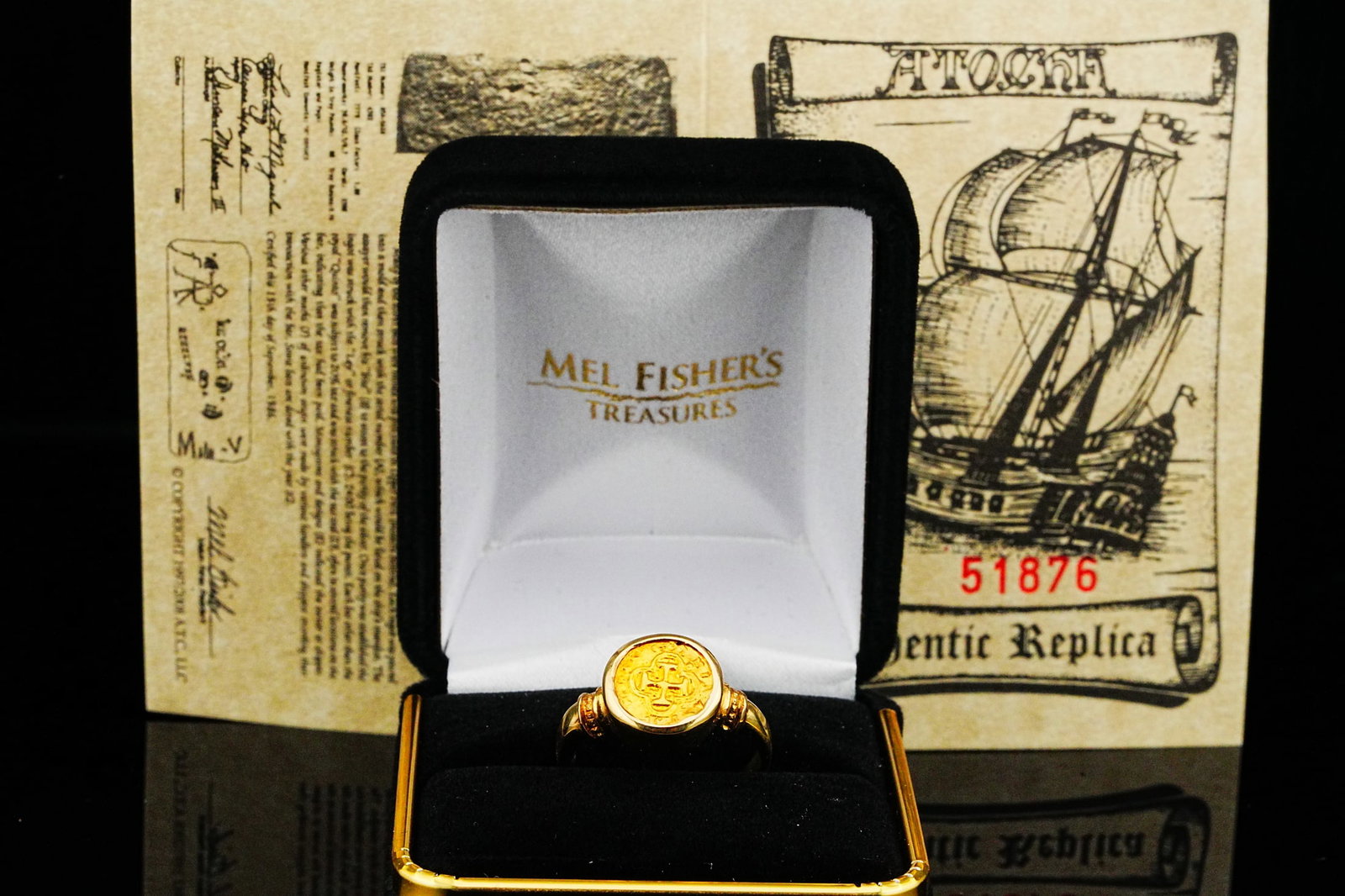 Atocha 24K Gold Re-creation Escudo Ring in 14K Gold W/COA: Atocha 24K Gold Re-creation Escudo Ring in 14K Gold W/COA - A museum-quality treasure crafted with history at its core. This striking ring features a 24K solid gold re-creation escudo, minted using ge