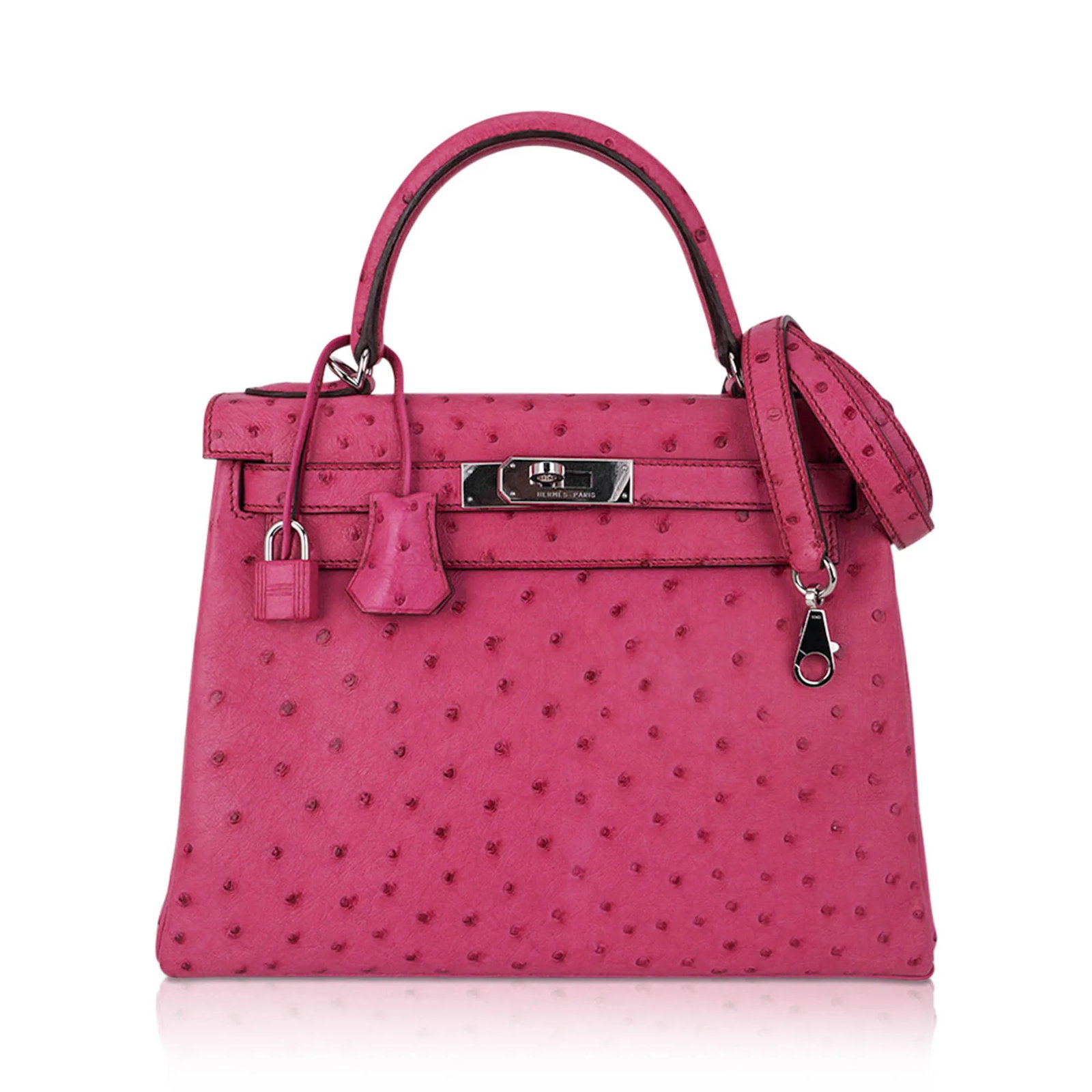 Hermes Fuchsia Ostrich Kelly 25 Retourne: Hermes Fuchsia Ostrich Kelly 25 Retourne with Palladium Hardware (Includes Box and Sleeper) - The Hermes Kelly 25 in Fuchsia Ostrich embodies exceptional luxury and timeless elegance. Crafted from rar