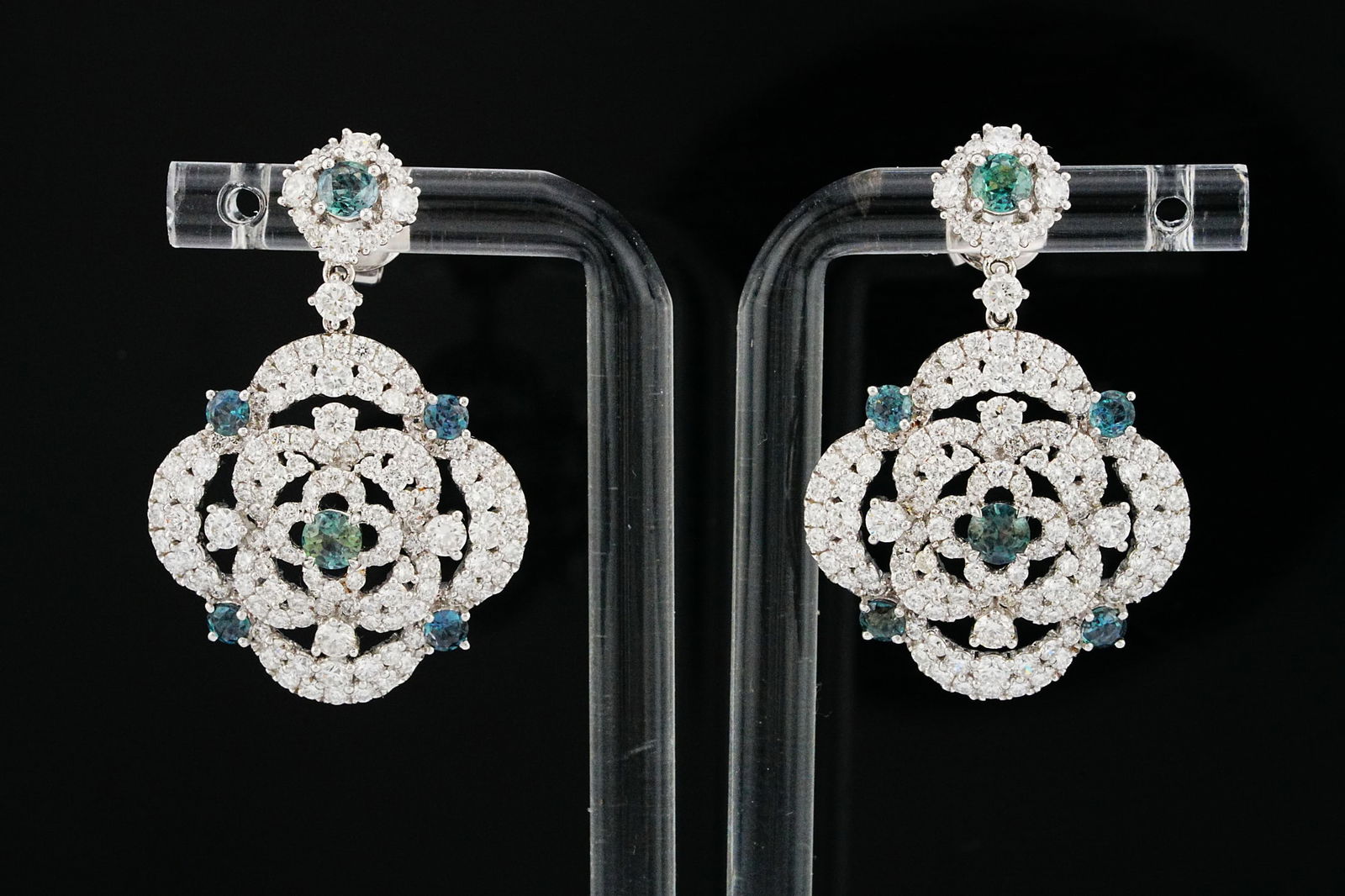 3.75ctw Diamond, 1.44ctw GIA Alexandrite, 18K Earrings: 3.75ctw VS2-SI1/G-H Diamond, 1.44ctw GIA Certified Brazilian Color Change Alexandrite and 18K White Gold Drop Earrings - THIS ITEM WILL COME WITH A $47,000 INSURANCE VALUATION REPORT. A rare and capti