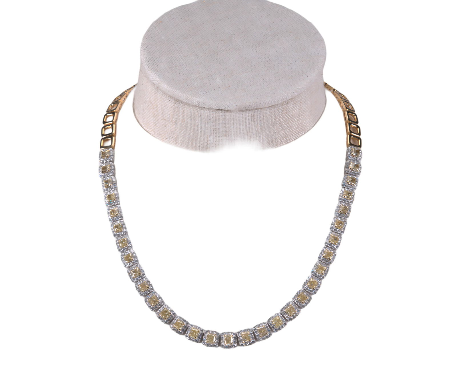 15.50ctw Yellow and White Diamond 18K Necklace: 15.50ctw Yellow and White Diamond 18K Yellow/White Gold 18" Necklace - THIS ITEM WILL COME WITH A $73,500 INSURANCE VALUATION REPORT. A radiant expression of color and brilliance, this elegant necklac