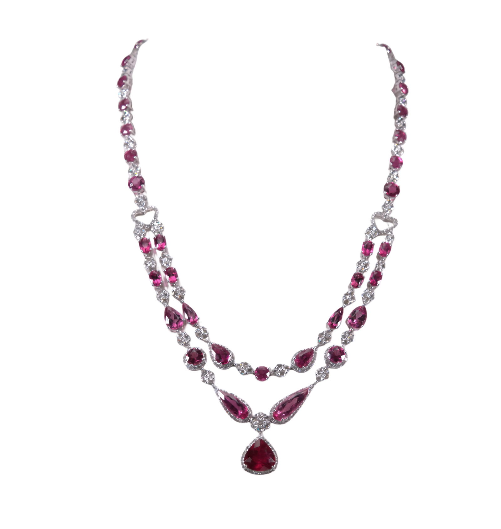 29.90ctw Pink Tourmaline, 6.10ctw Diamond, 18K Necklace: 29.90ctw Pink Tourmaline, 6.10ctw VS1-SI1/G-I Diamond and 18K White Gold 18" Dual-Strand Cocktail Necklace - THIS ITEM WILL COME WITH A $48,500 INSURANCE VALUATION REPORT. A vibrant and elegantly laye