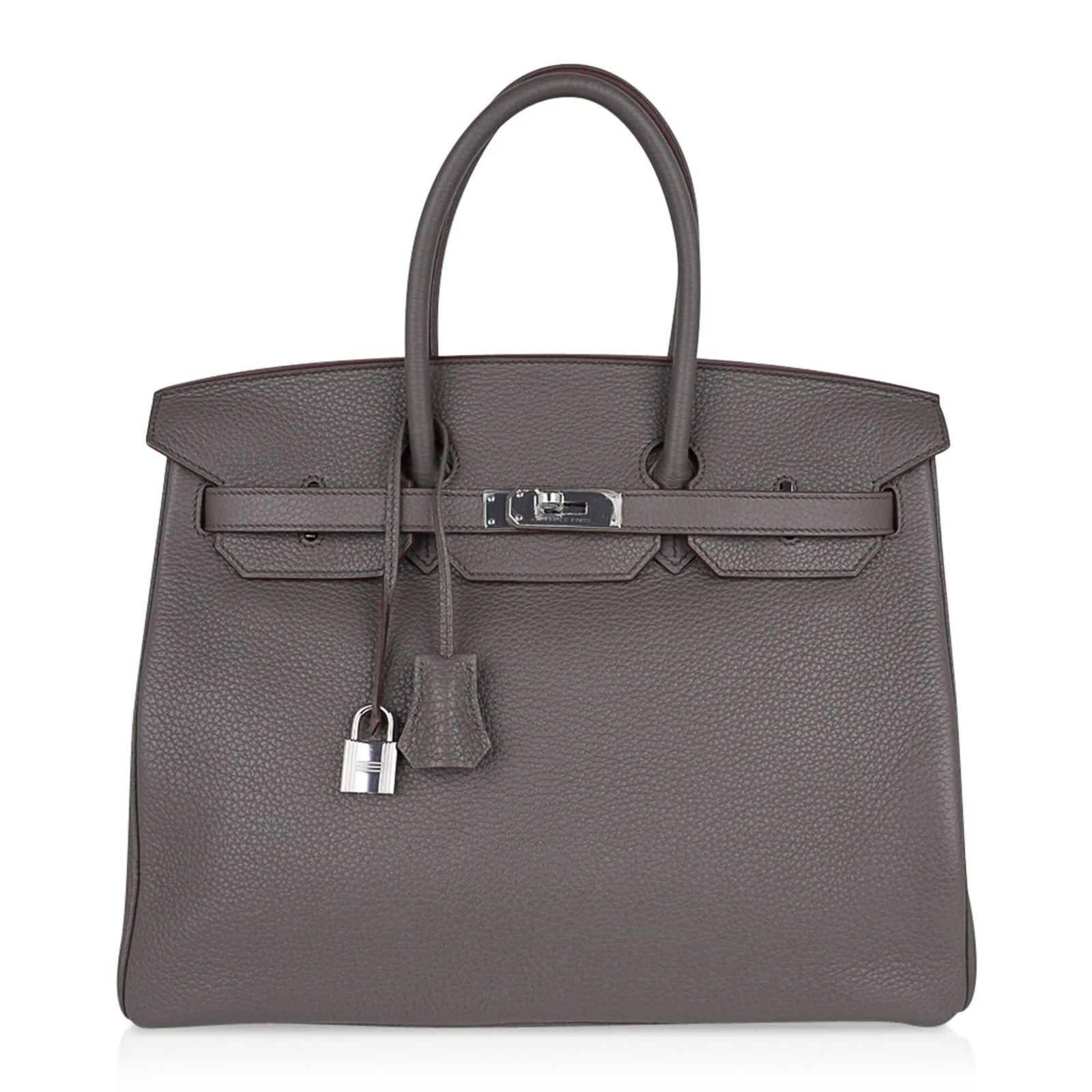 Hermes Etain Clemence Leather Birkin 35 PHW: Hermes Etain Clemence Leather Birkin 35 with Palladium Hardware (Includes Box, Sleeper, and Raincoat) - The Hermes Birkin 35 featured in the iconic Etain shade offers a sophisticated interpretation of