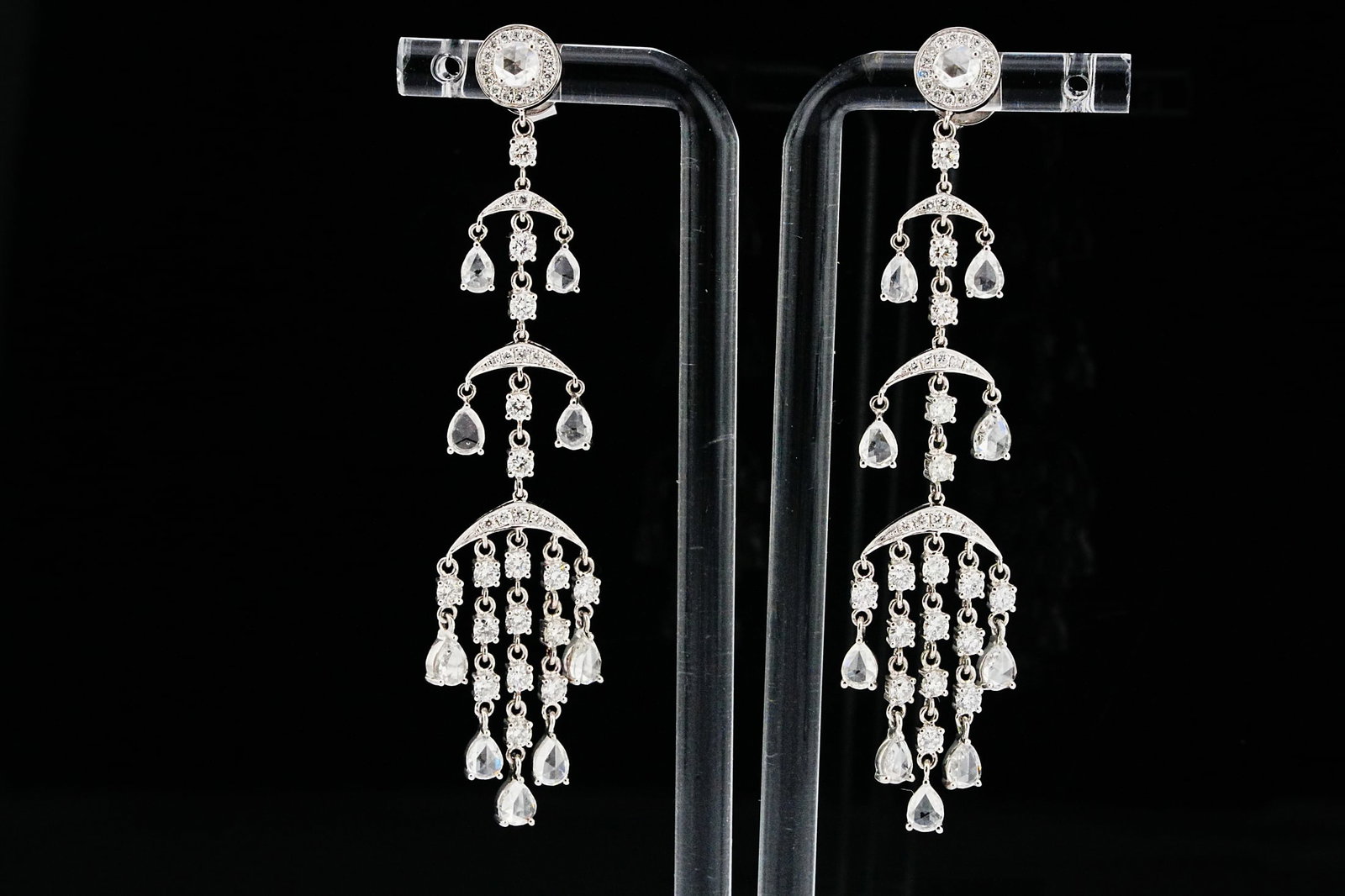 4.80ctw Diamond and 14K White Gold Earrings: 4.80ctw SI1-SI2/G-H Diamond and 14K White Gold 2.60" Chandelier Earrings - THIS ITEM WILL COME WITH A $13,000 INSURANCE VALUATION REPORT. A graceful and dramatic pair of chandelier earrings showcasing