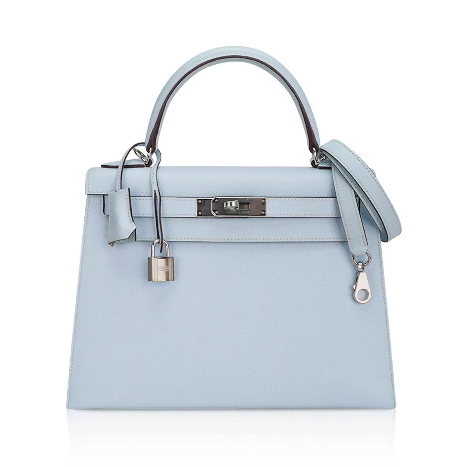 Hermes Blue Brume Epsom Leather Kelly Sellier 28: Hermes Blue Brume Epsom Leather Kelly Sellier 28 with Palladium Hardware (Includes Box and Sleeper) - An exceptional expression of Hermes elegance, the Kelly Sellier 28 in the coveted Blue Brume color