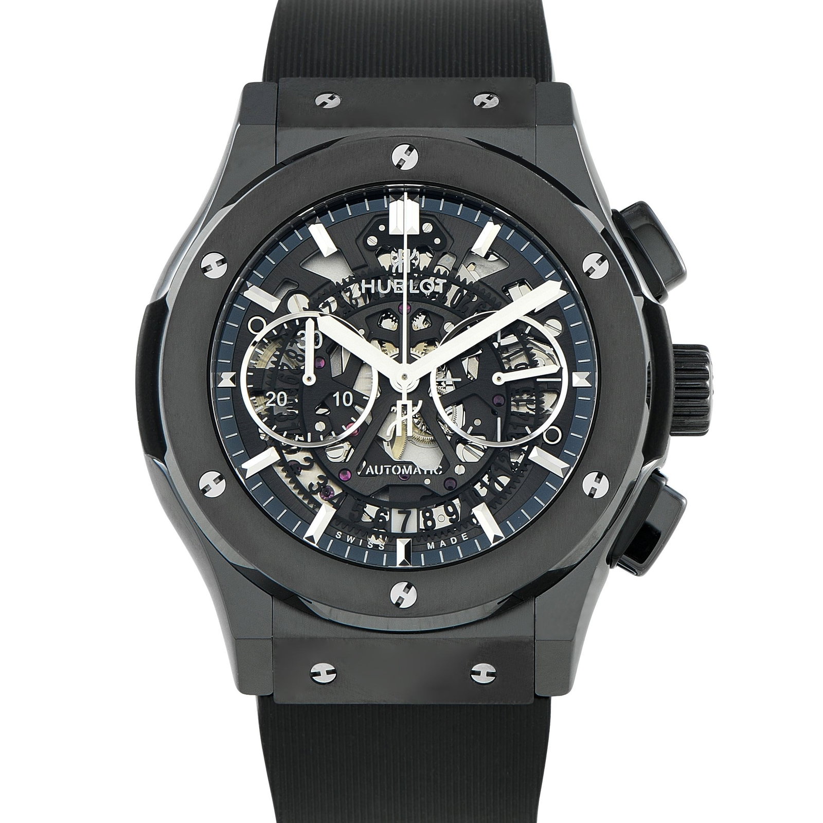 Hublot Classic Fusion Aerofusion Black Magic 45mm Watch: Hublot Classic Fusion Aerofusion Black Magic 45mm Ceramic Watch W/Box and Papers Ref. 525.CM.0170.RX - A striking fusion of modern materials and open-worked design, the Classic Fusion Aerofusion Black