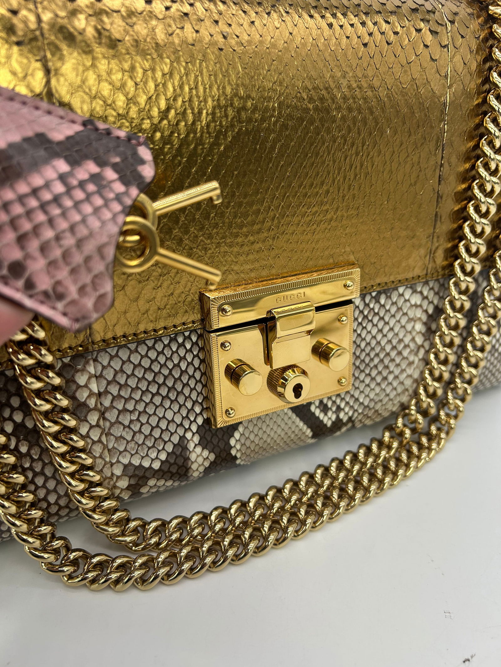 Gucci Medium Padlock Metallic Gold and Gray Python Bag - 2