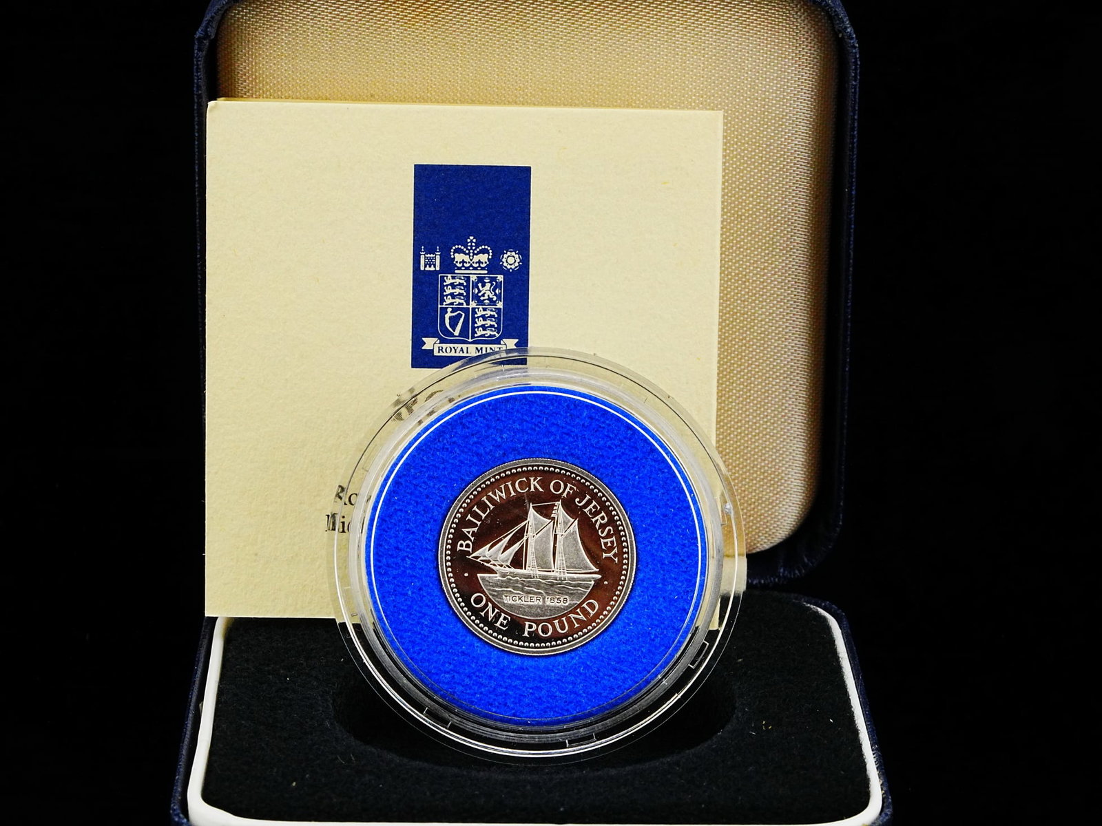 1991 Bailiwick of Jersey Silver Proof "Tickler" Coin: 1991 Bailiwick of Jersey $1 Pound Sterling Silver Proof "The Tickler" Coin W/Box and COA - A beautifully struck 1991 Bailiwick of Jersey Silver Proof Coin commemorating the historic ship "The Tickler"