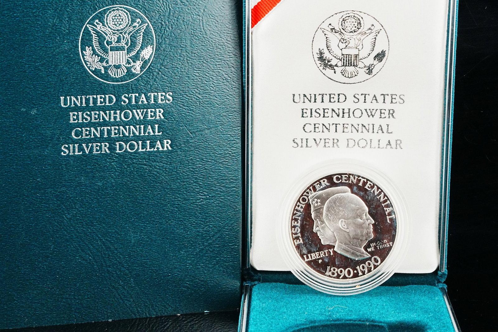 1990 U.S. Eisenhower Centennial Proof 90% Silver Dollar: 1990 U.S. 90% Silver Eisenhower Centennial Proof Commemorative Dollar W/Box and COA - A beautifully struck 1990 Eisenhower Centennial Proof Silver Dollar, issued by the United States Mint to