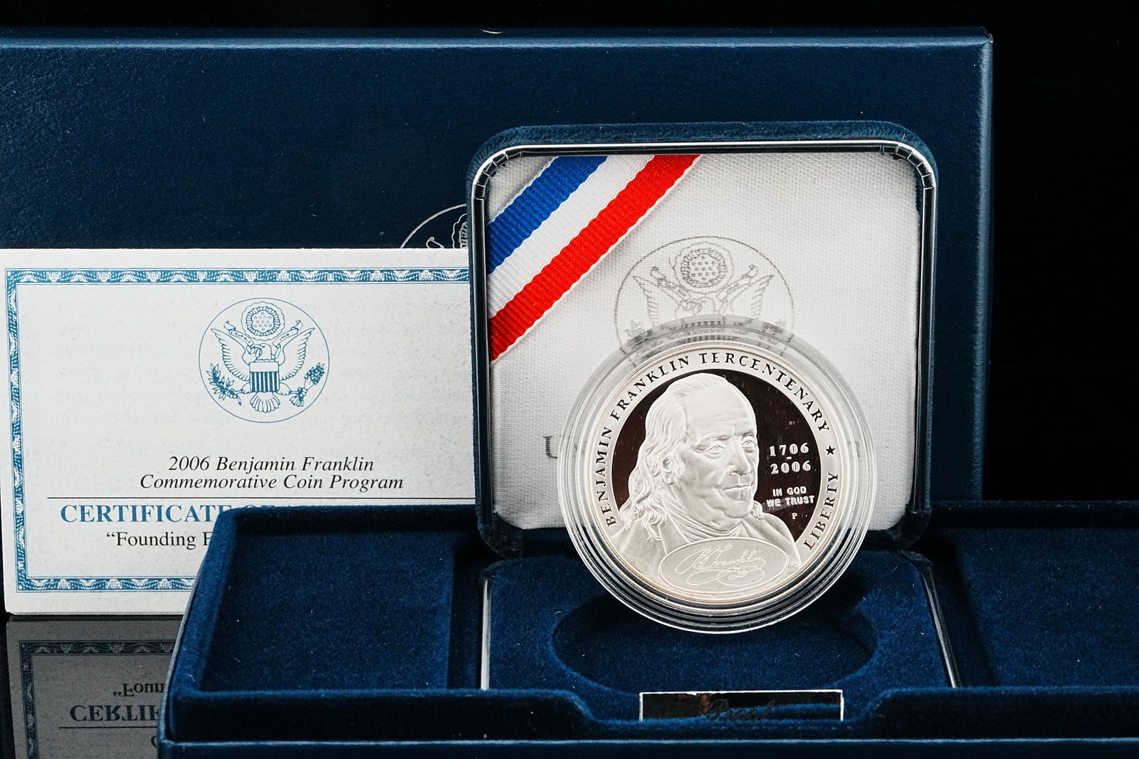 2006 Ben Franklin Tercentenary Proof 90% Silver Dollar: 2006 U.S. 90% Silver Benjamin Franklin Tercentenary "Founding Father" Proof Commemorative Dollar W/Box and COA - A distinguished modern commemorative, this 2006 Benjamin Franklin Tercentenary