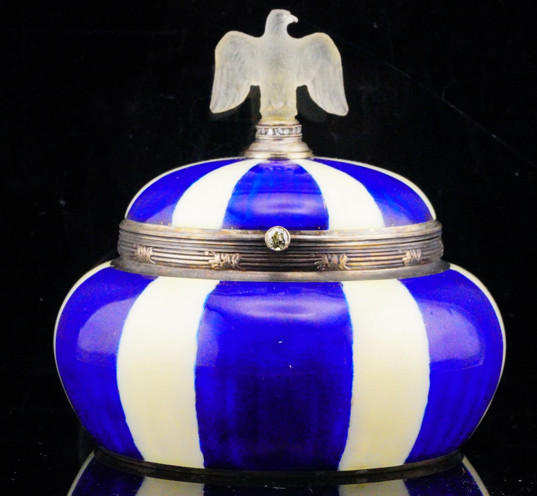84 Silver, Enamel and Diamond Box W/Crystal Eagle: Ceylon Blue and Pearl White Guilloche Enamel, Solid 84 Silver and Mine Cut Diamond Box W/Carved Crystal Imperial Eagle Finial - This piece is made of solid 84 silver (87.5% silver) and is embellished