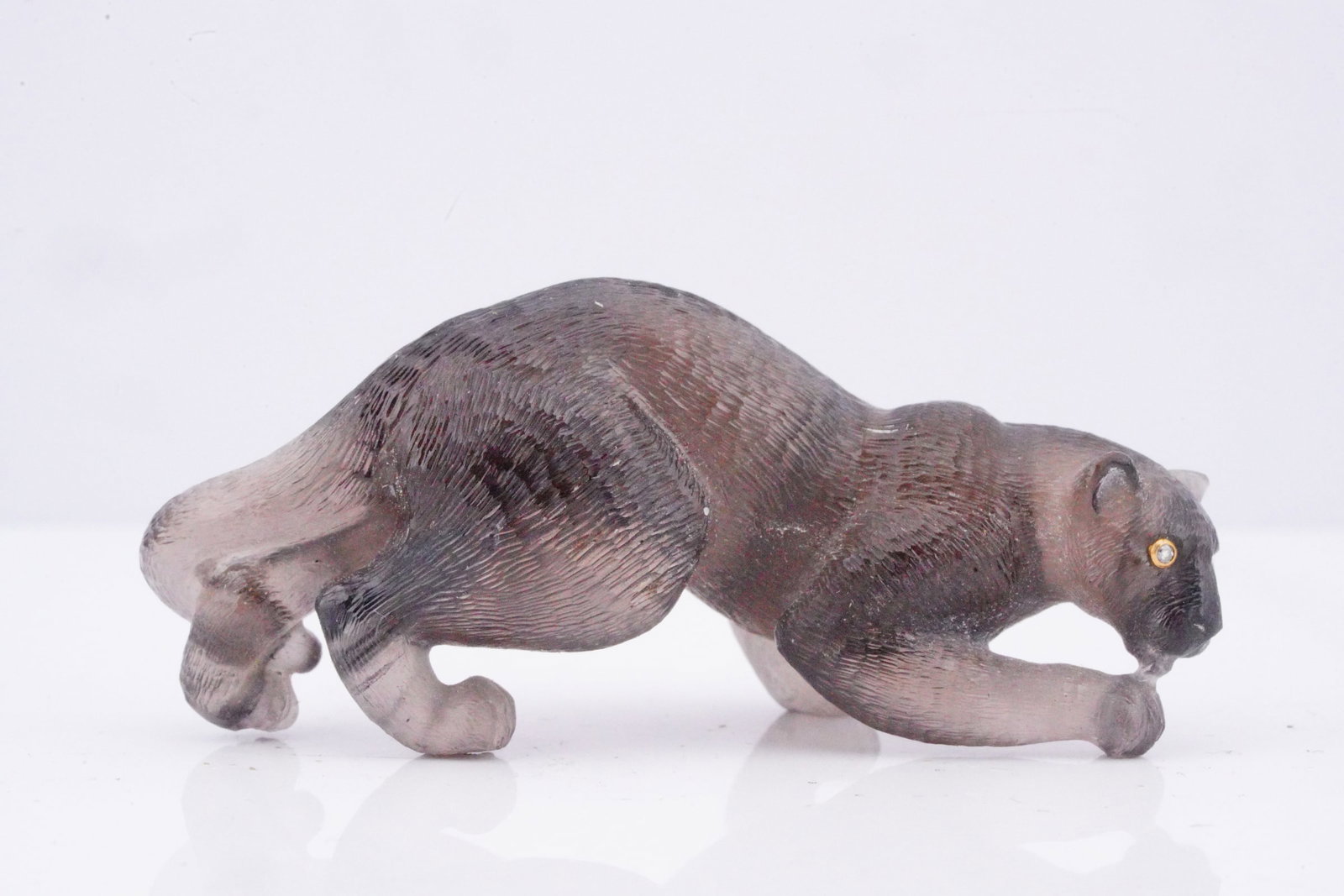 Hand-Carved Obsidian Panther w/Diamond Eyes: Hand-Carved Obsidian Crouching Panther w/Diamond Eyes - This gorgeous piece is made of solid carved Blackish Silver Pale Obsidian. The Obsidian has a beautiful black to silver iridescence, and the pho