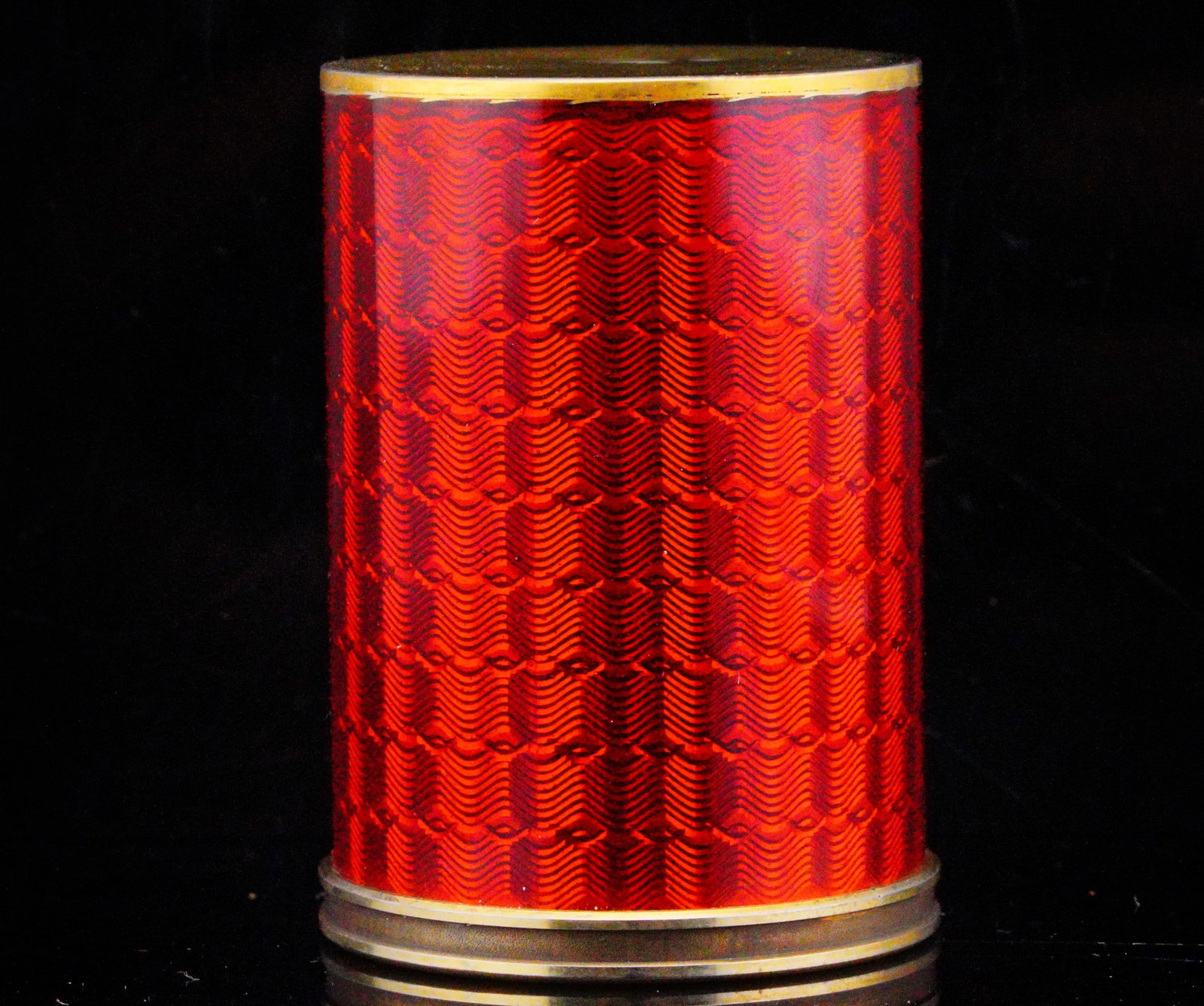 88 Silver and Red Guilloche Enamel Beaker Cup: Vintage Solid 88 Silver and Red Guilloche Enamel Beaker Cup - This piece is made of solid 88 silver (91.6% silver). The piece is brilliantly designed with a vibrant red guilloche enamel that has a bea