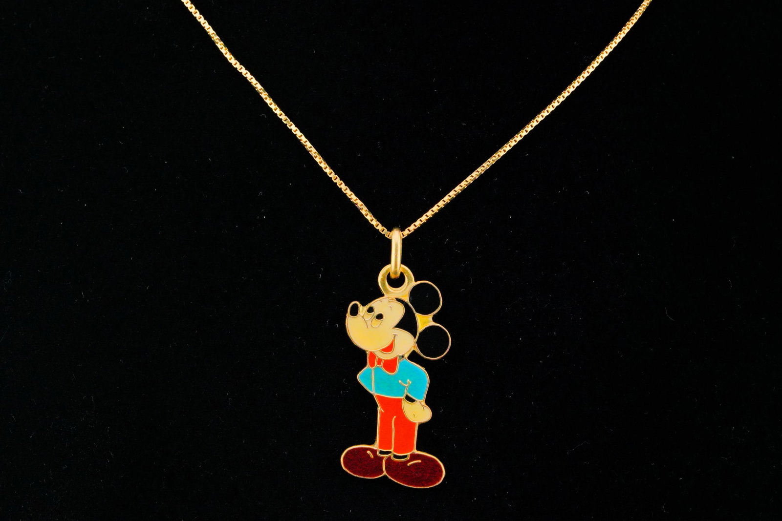Italian Vintage 18K and Enamel Mickey Mouse Necklace: Italian Vintage Solid 18K Yellow Gold and Enamel Mickey Mouse Necklace - This adorable necklace is crafted of solid 18k yellow gold. The necklace suspends an instantly recognizable Mickey Mouse pendan