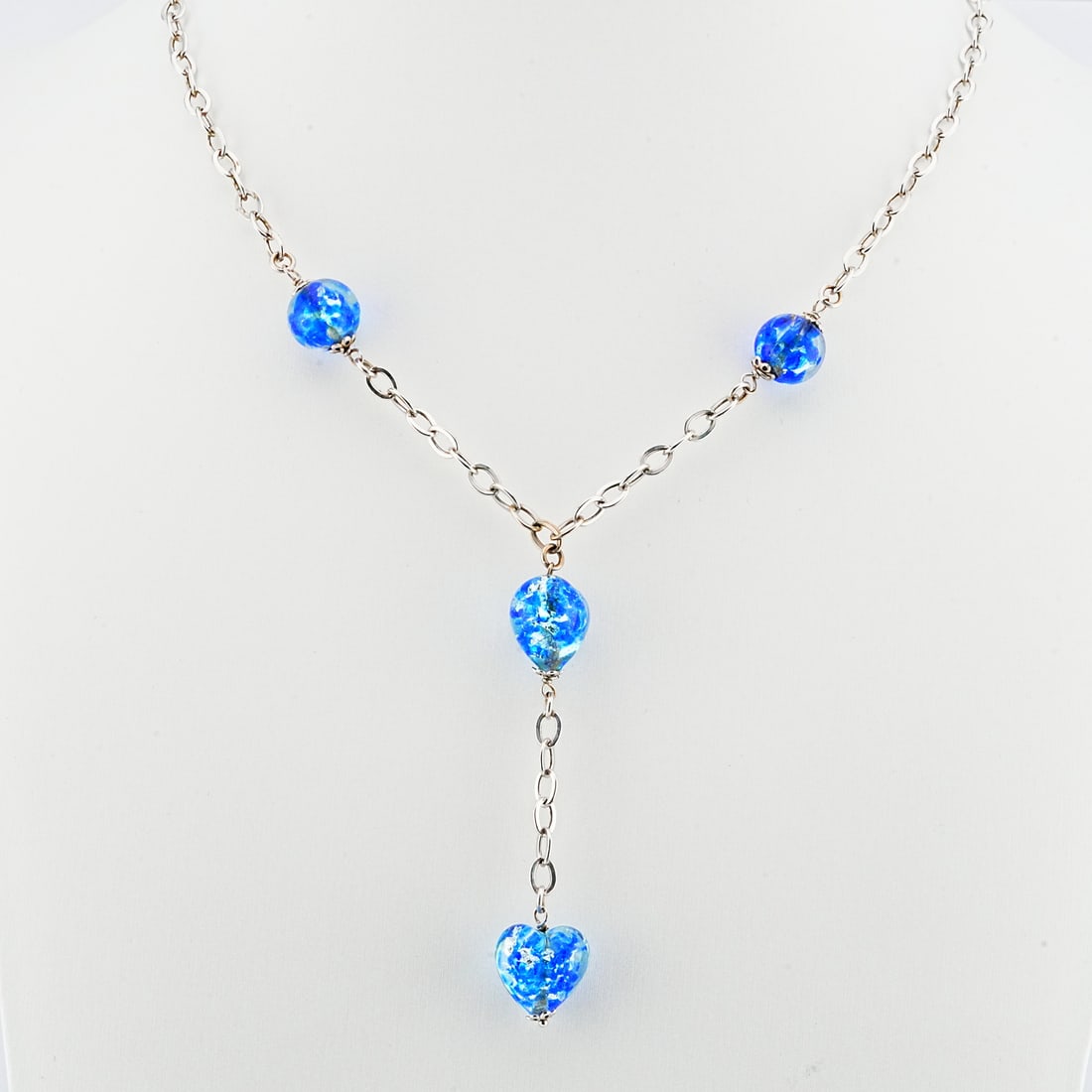 Milros 14K White Gold and Murano Glass 18" Necklace: Milros Italy 14K White Gold and Murano Glass 18" Heart Drop Necklace - An elegant 14K white gold necklace adorned with vibrant Murano glass elements in rich cobalt blue tones, created by Milros